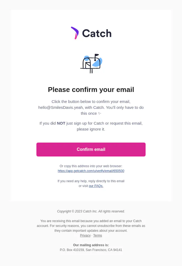 Screenshot of the Catch Confirmation email template email