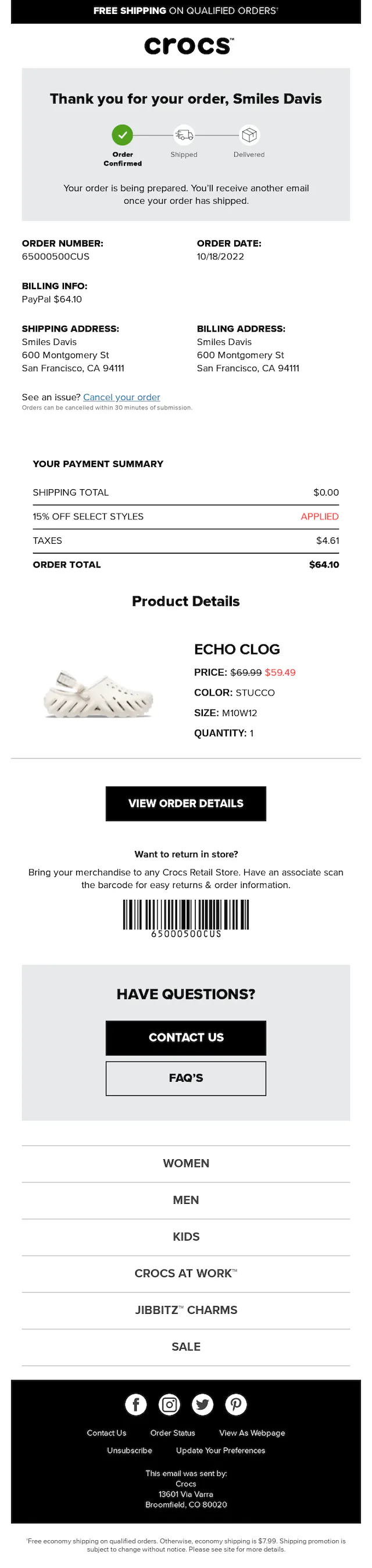 Screenshot of the Crocs Confirmation email template email