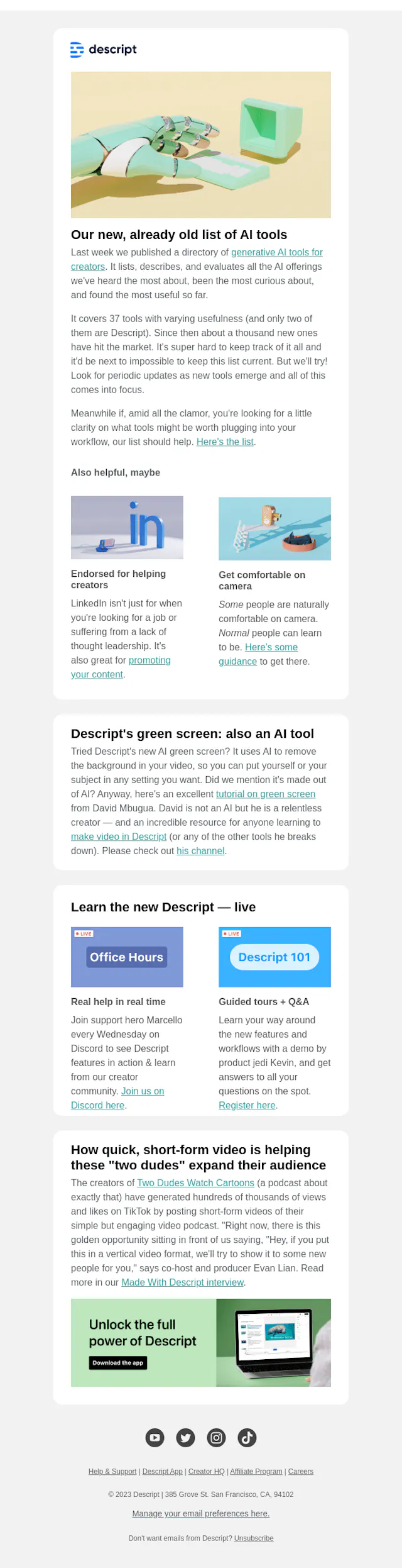 Screenshot of the Descript Newsletter email template email