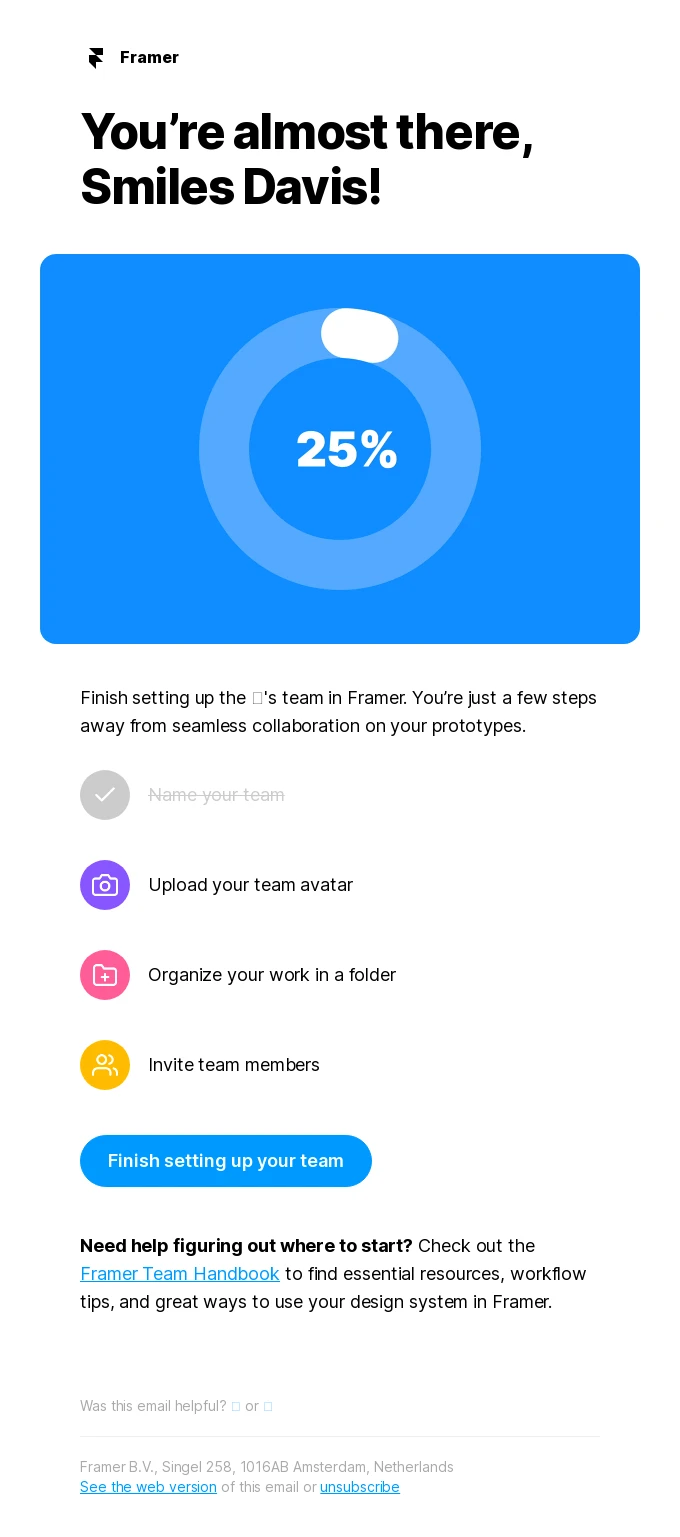 Screenshot of the Framer Notification email template email