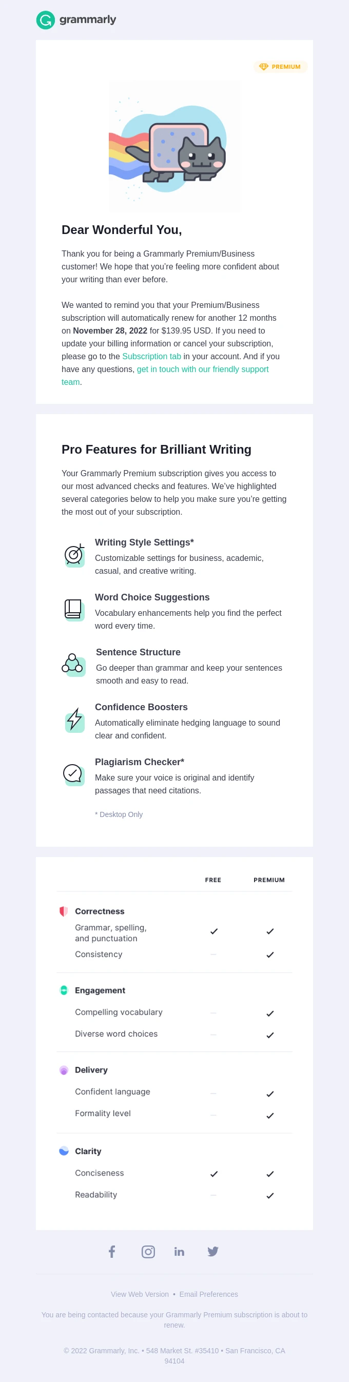 Screenshot of the Grammarly Subscription and payment email template email