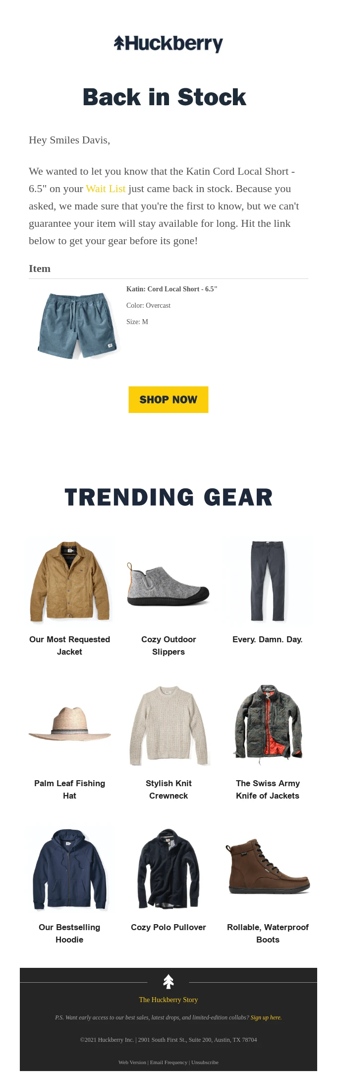 Screenshot of the Huckberry Notification email template email