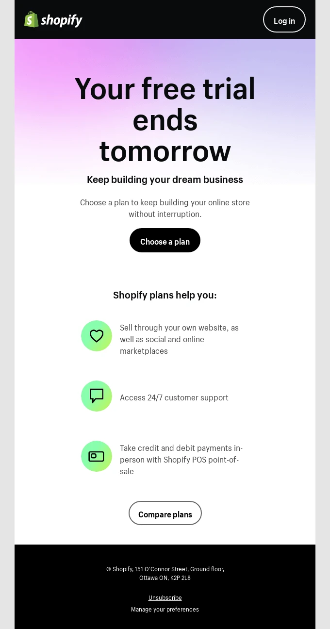 Screenshot of the Shopify Subscription and payment email template email