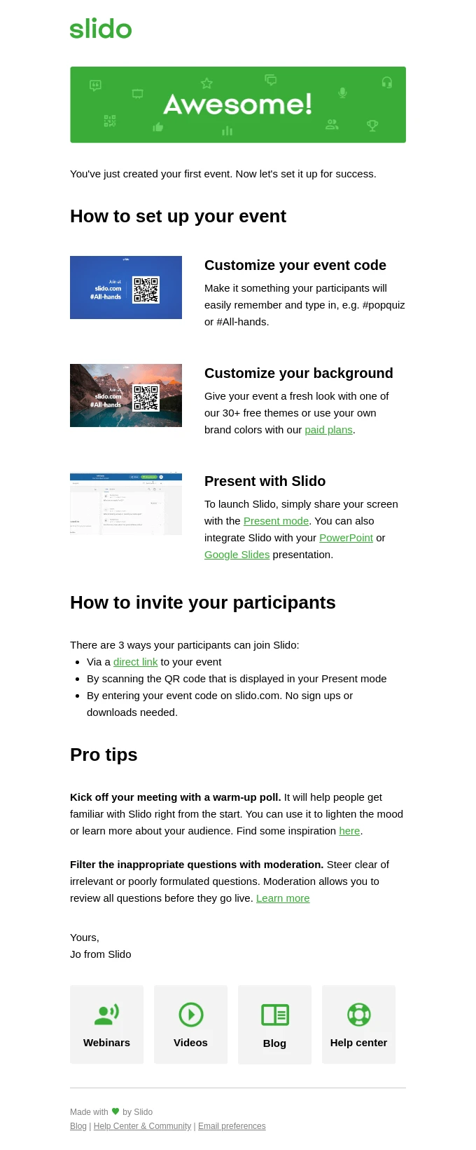 Screenshot of the Slido Helpful email template email