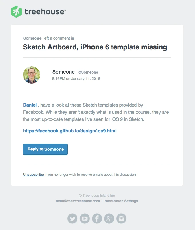 Screenshot of the Treehouse Notification email template email