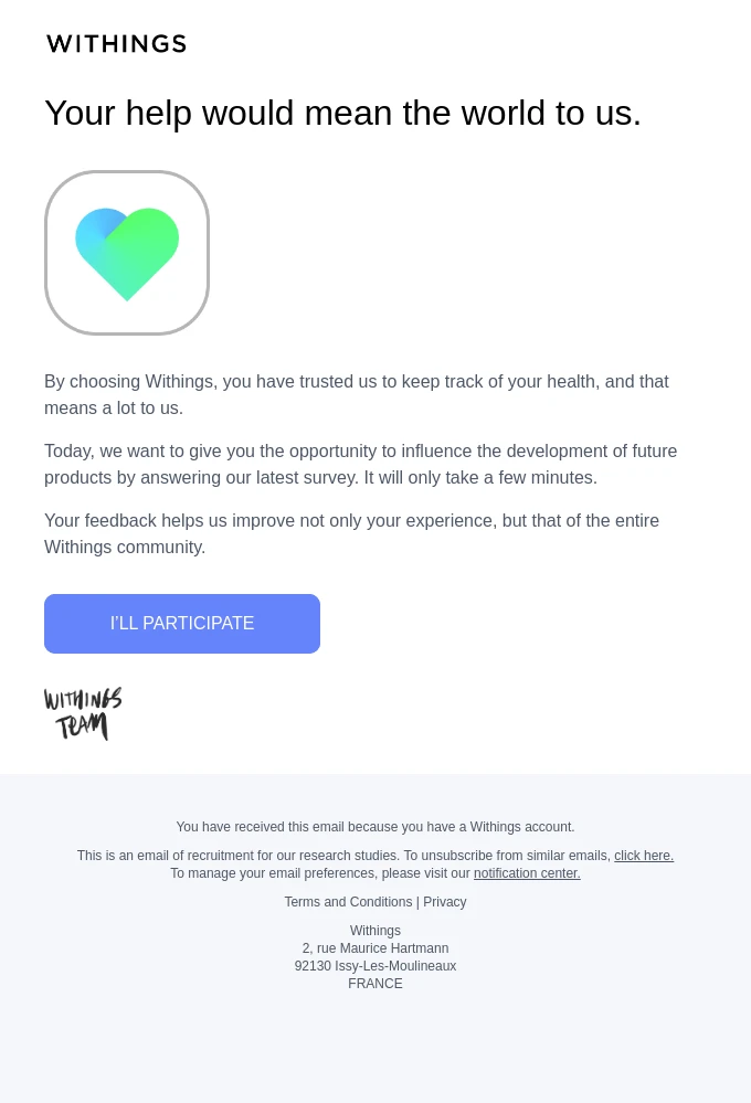 Screenshot of the Withings Helpful email template email