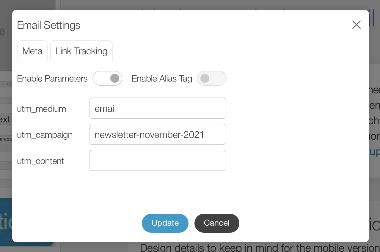 Link tracking in email/page settings