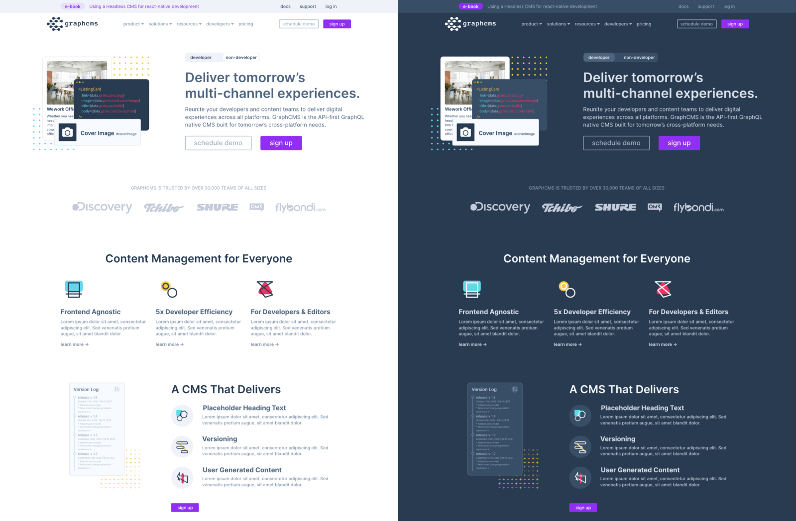 Example of a website in light and dark mode.