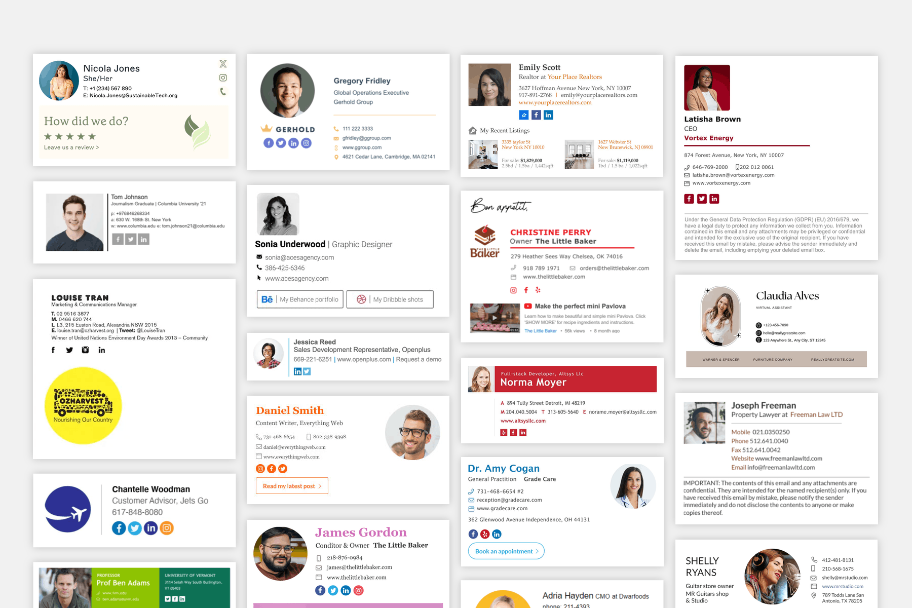 Different examples of email signatures.