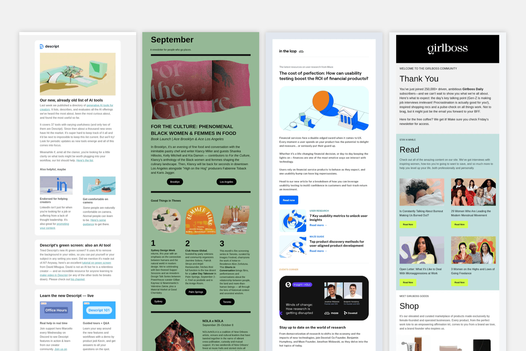 Different examples of newsletter emails.