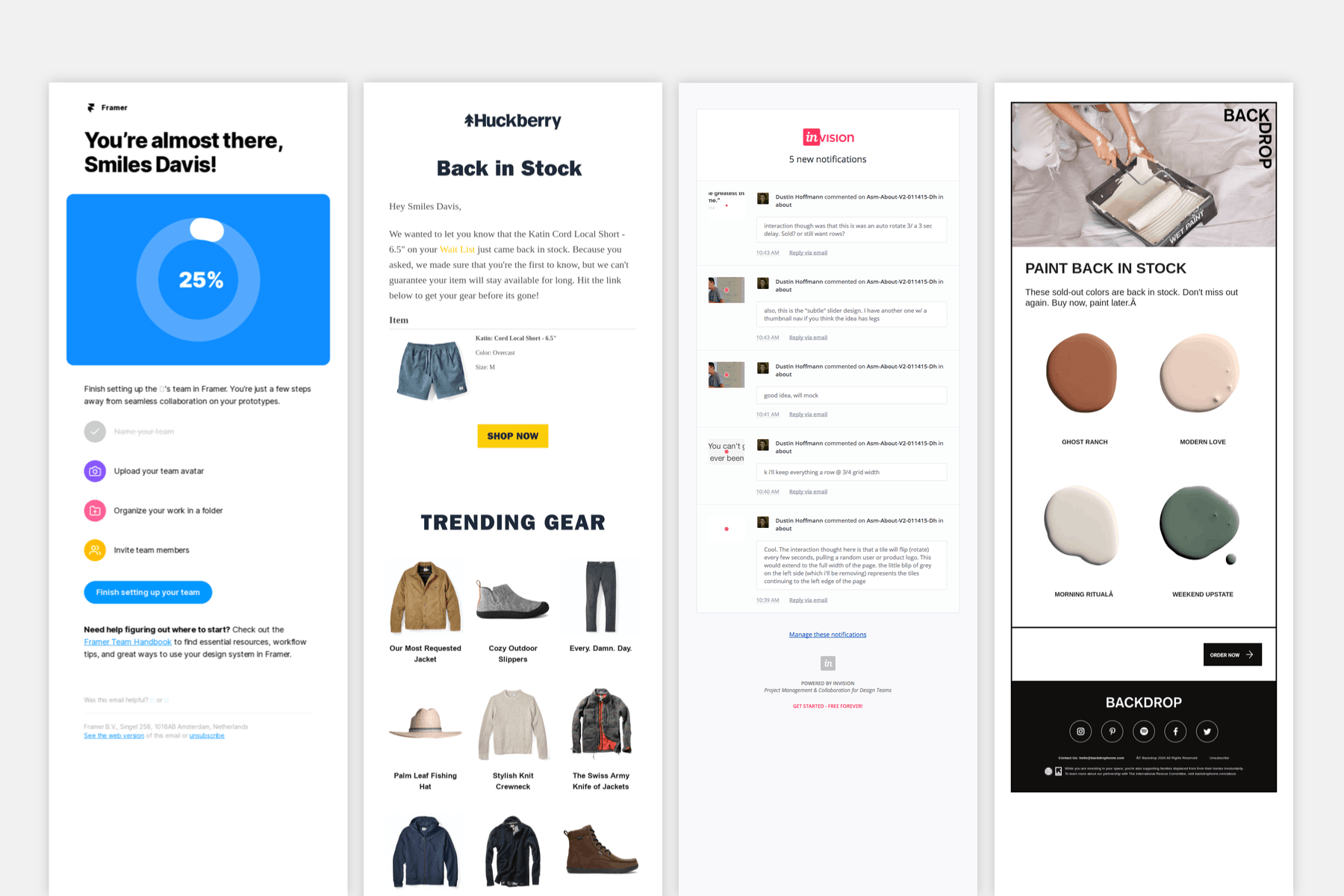 Different examples of notification emails.