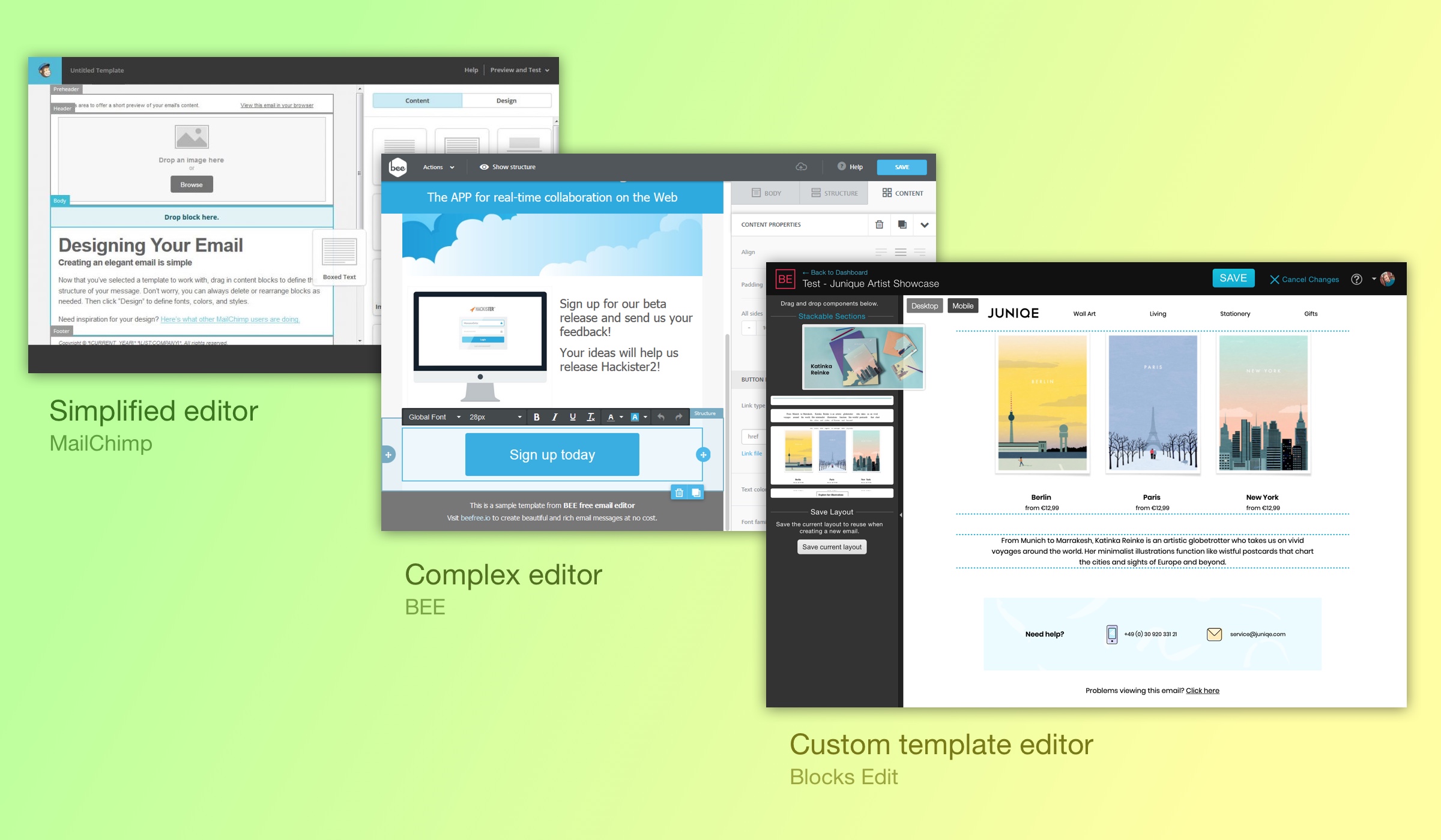 Screenshots of three example visual editors.
