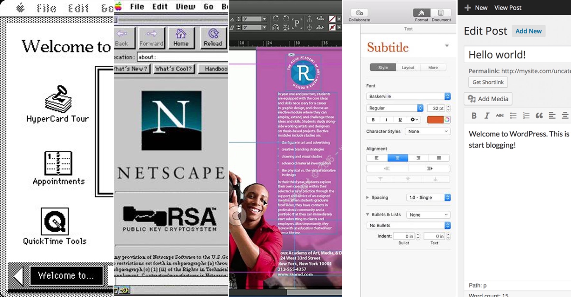 Screenshots of five content editors throughout computing history.