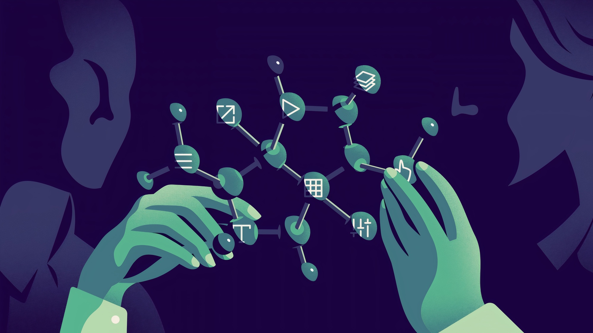 Abstract illustration showing two people holding a molecular structure with website-related icons on each molecule.