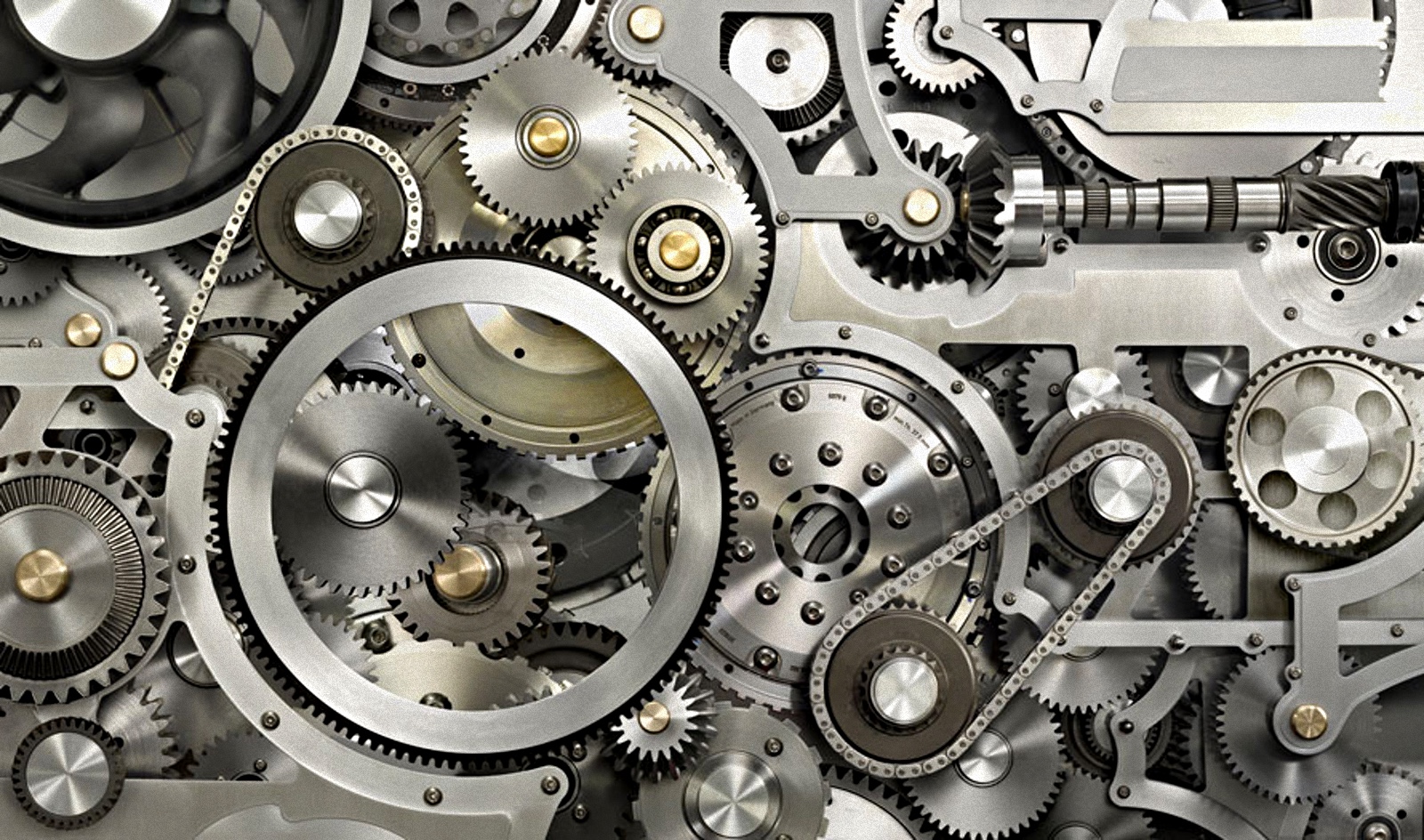 An illustration of interconnected silver cogs, wheels, and belts.