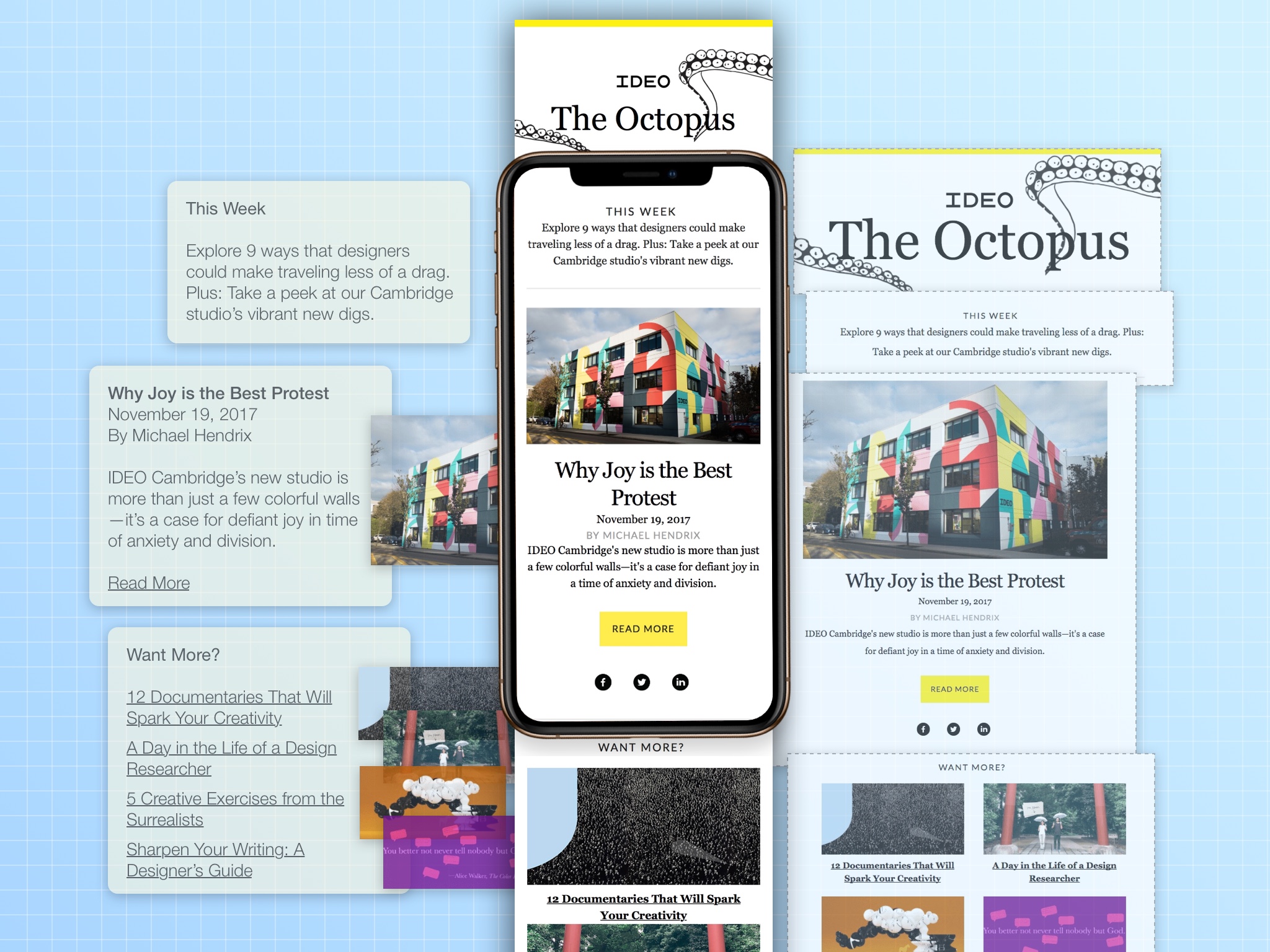 Mobile view of an email with modular components around it.