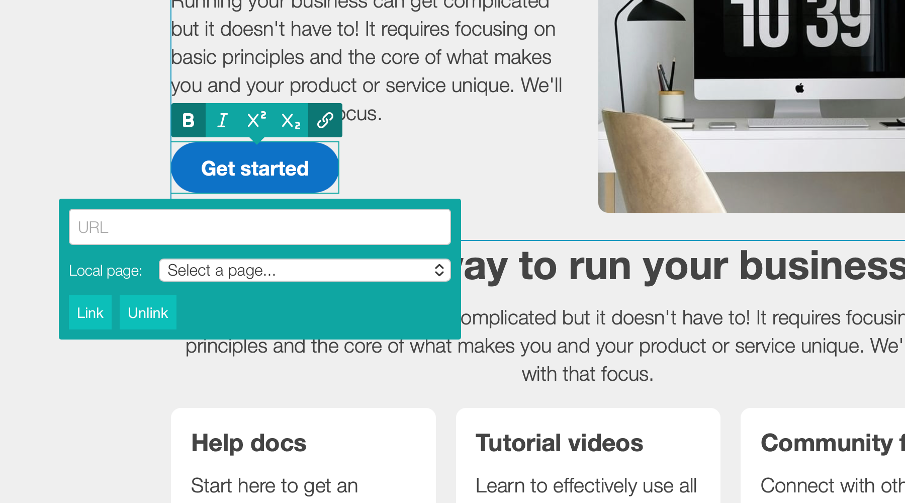 A screenshot of adding a link in the visual editor, with the local page dropdown.