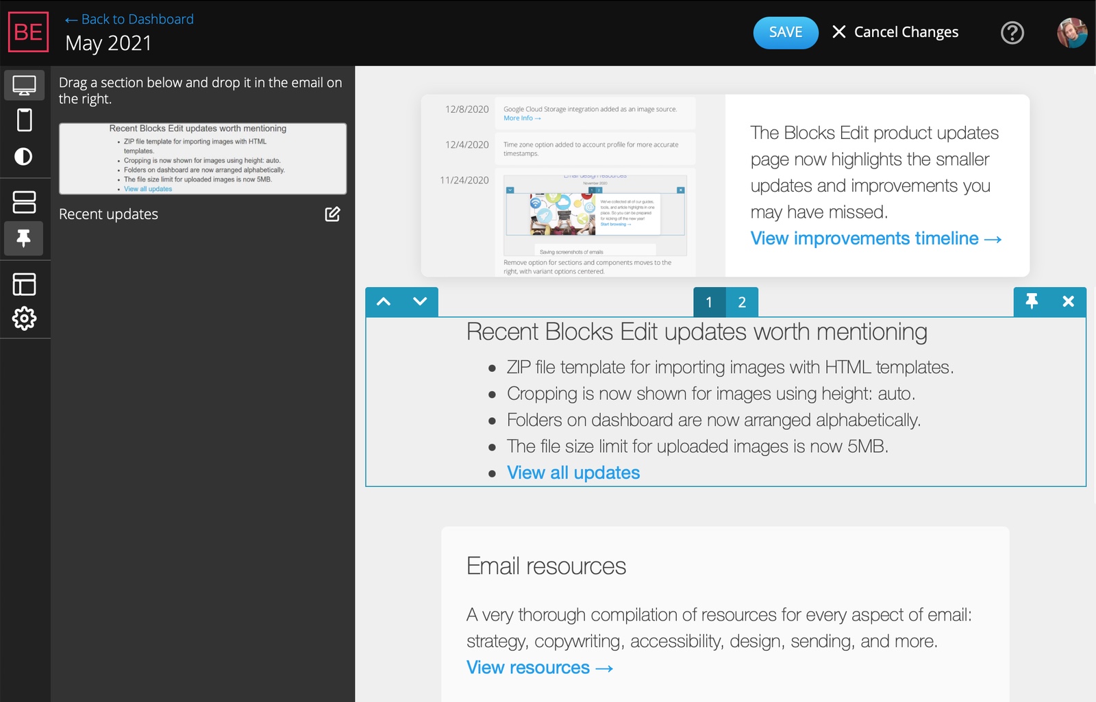 Screenshot of Blocks Edit section pinning feature.