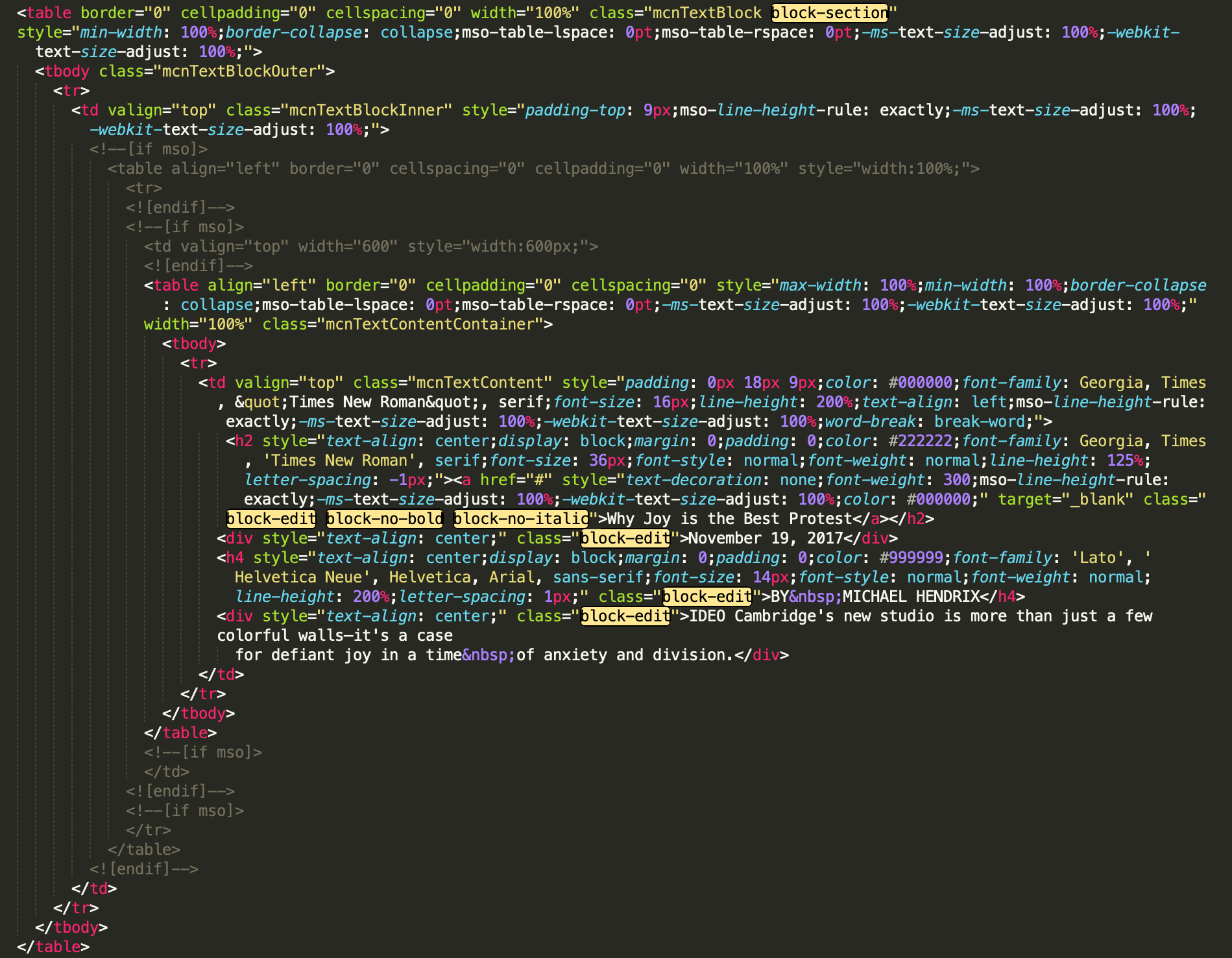 Screenshot of example code with Blocks Edit tags highlighted.
