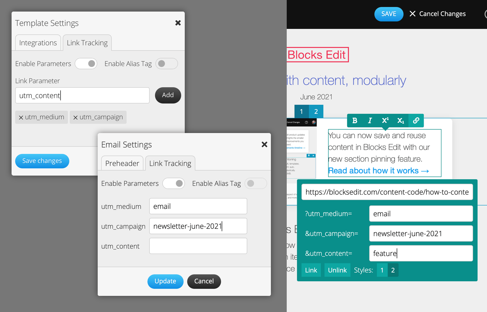 Screenshot of Blocks Edit link tracking feature.