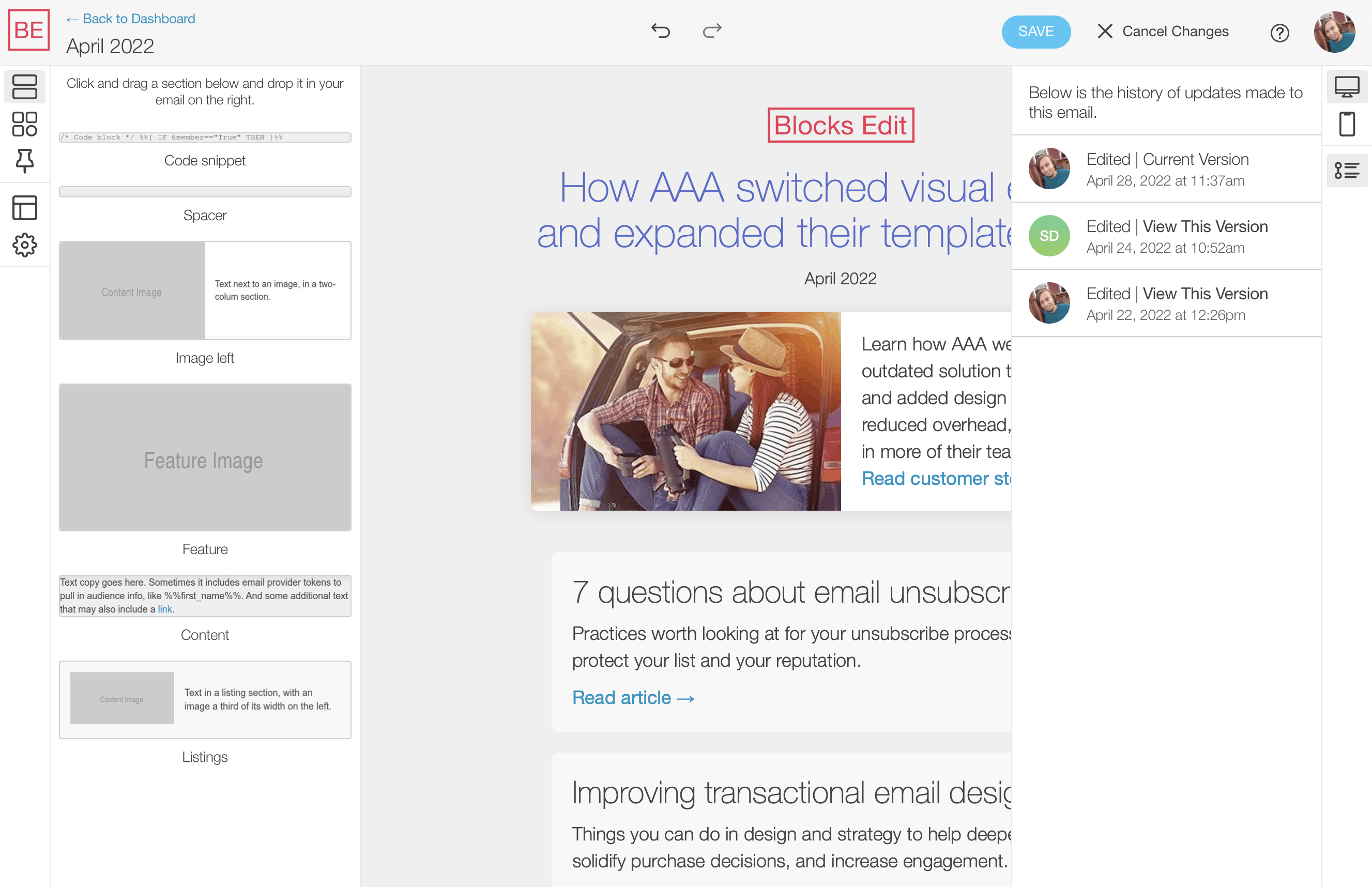 Screenshot of the revision history Blocks Edit feature.