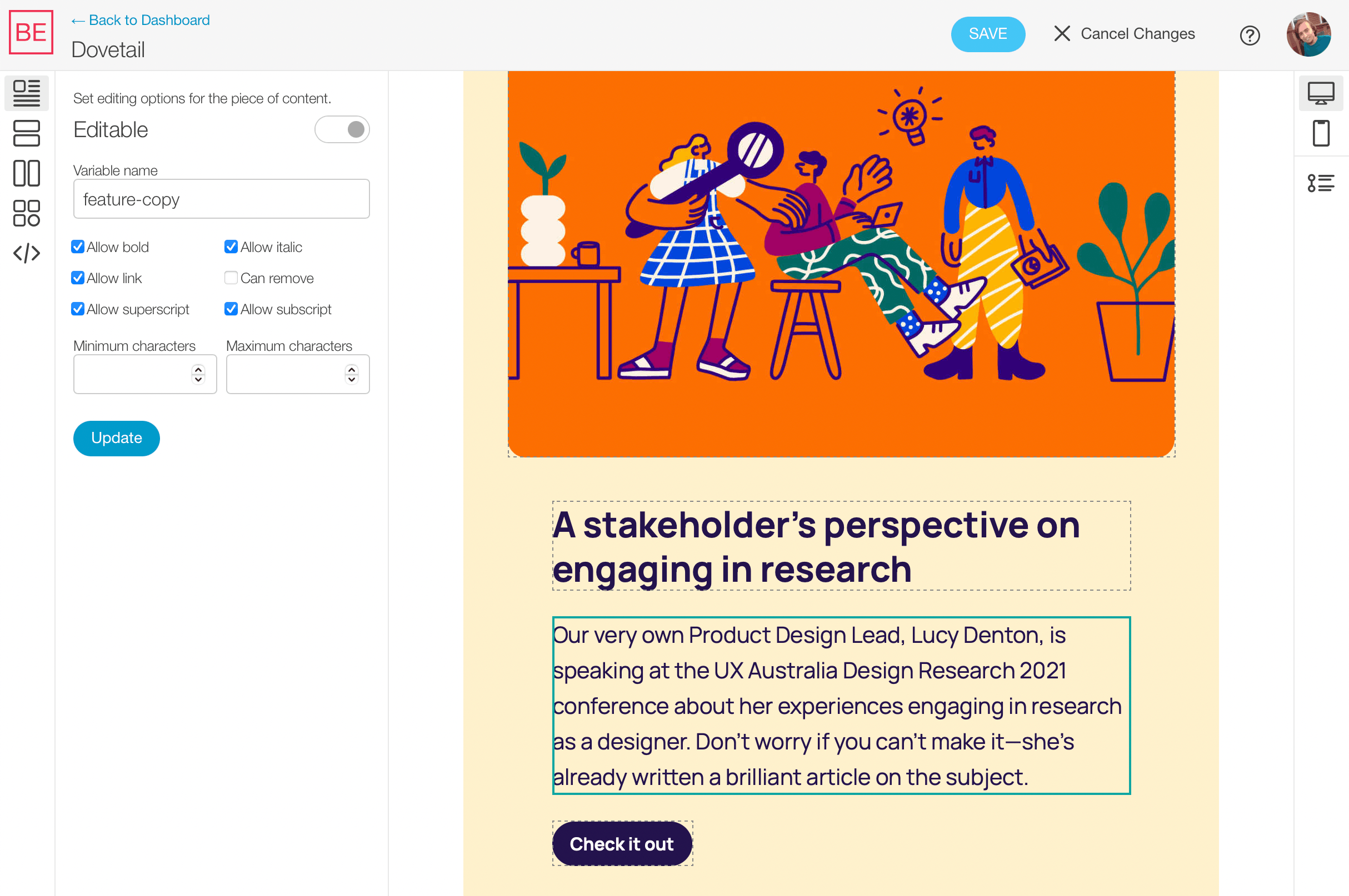 A screenshot of the Blocks Edit visual template editor with an example template.