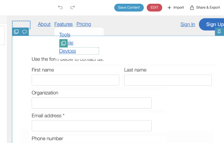 Example menu being edited in Blocks Edit.