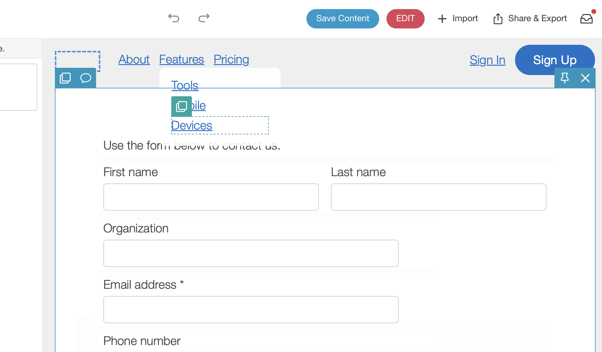 Example menu being edited in Blocks Edit.