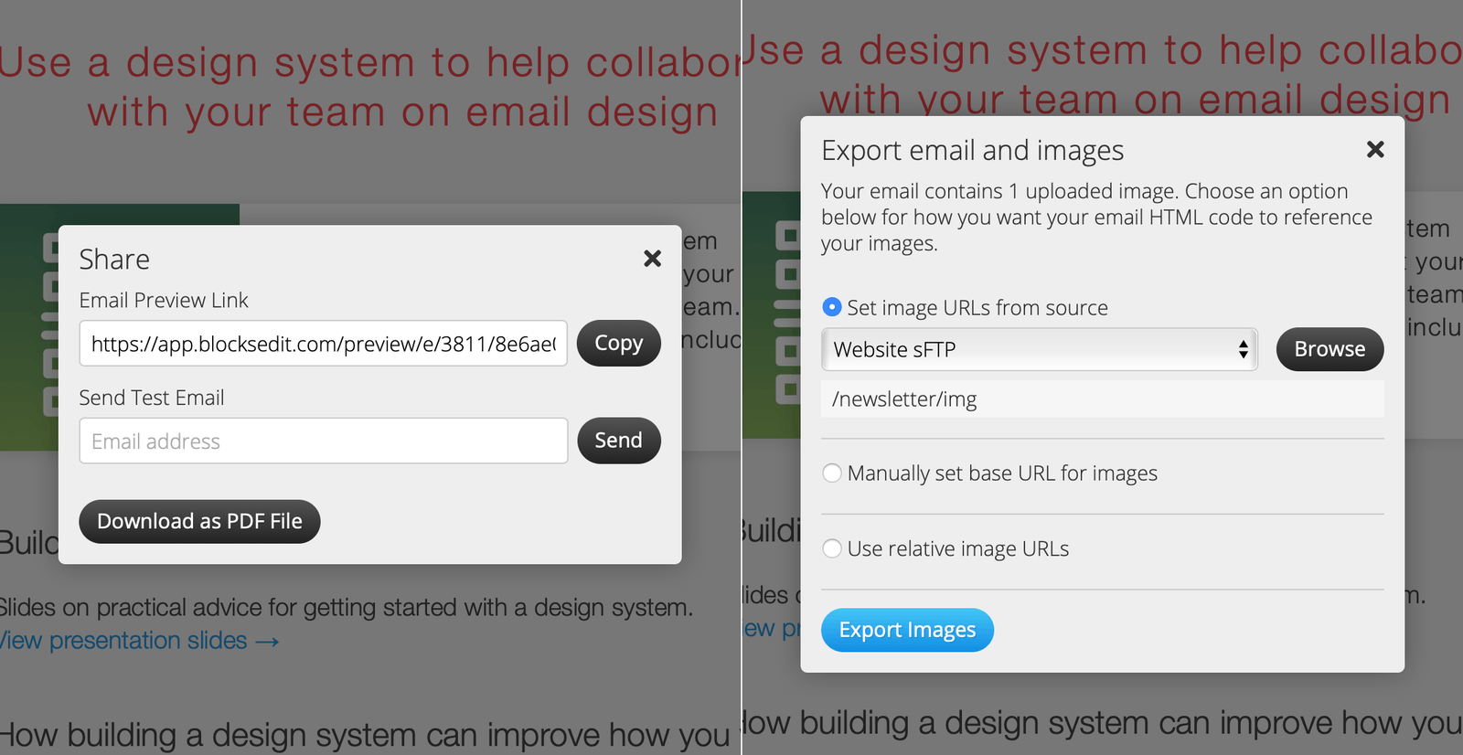 Screenshot of the sharing and exporting process in the Blocks Edit editor.