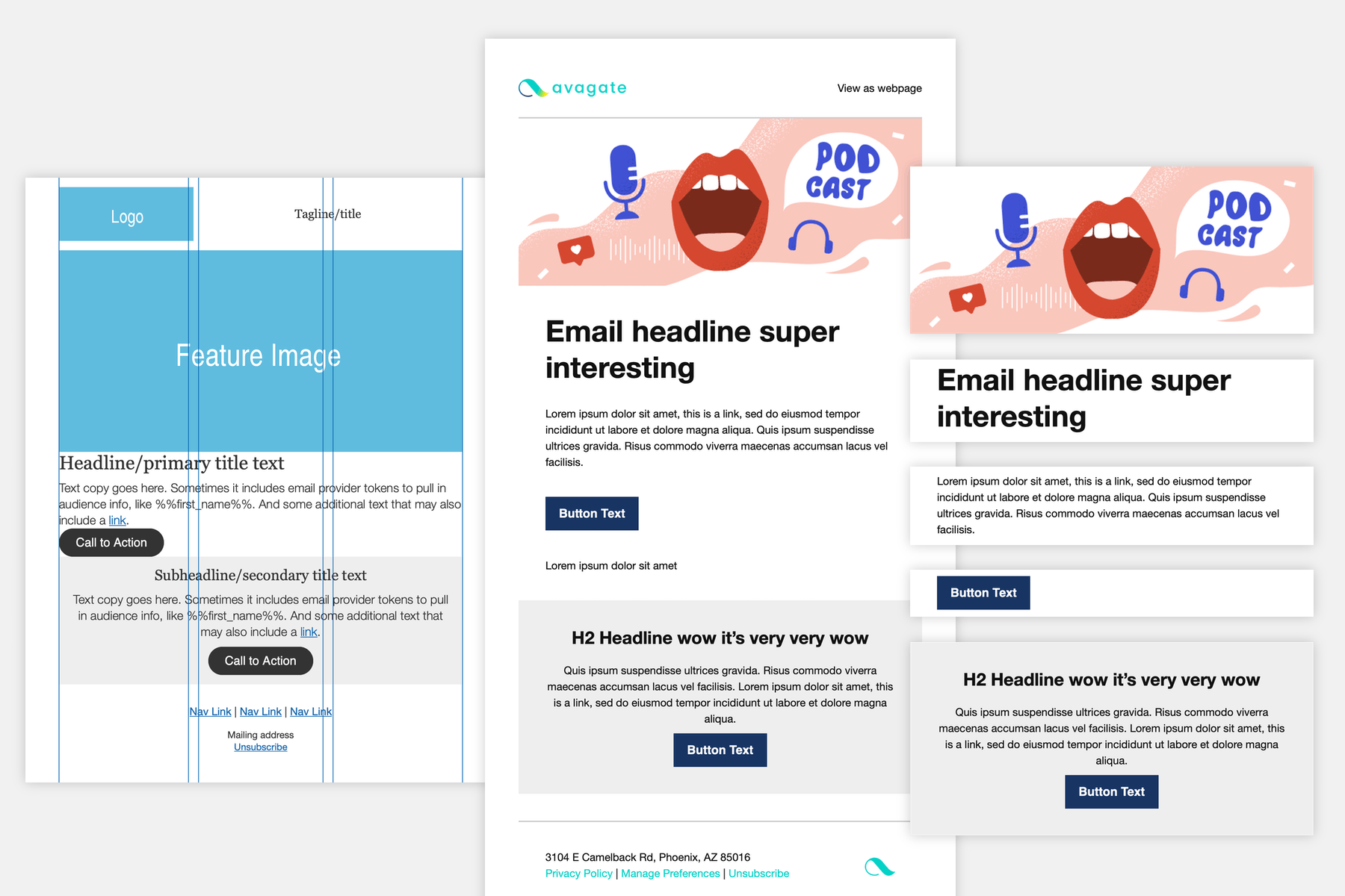 An email design going from structural wireframes, to including branded elements, to layout modules being used.