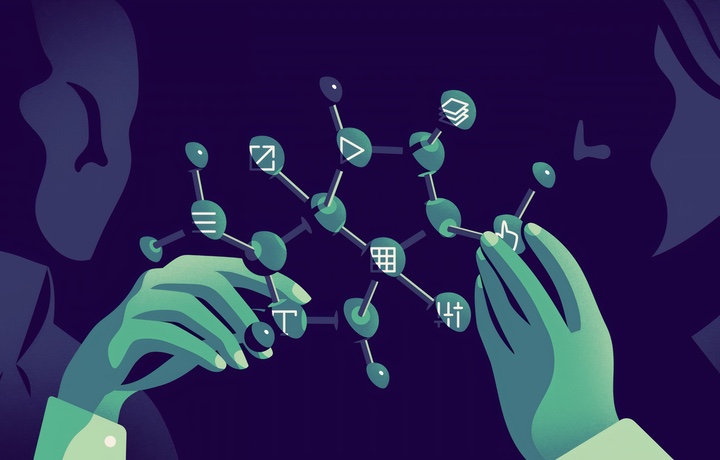 Abstract illustration showing two people holding a molecular structure with website-related icons on each molecule.