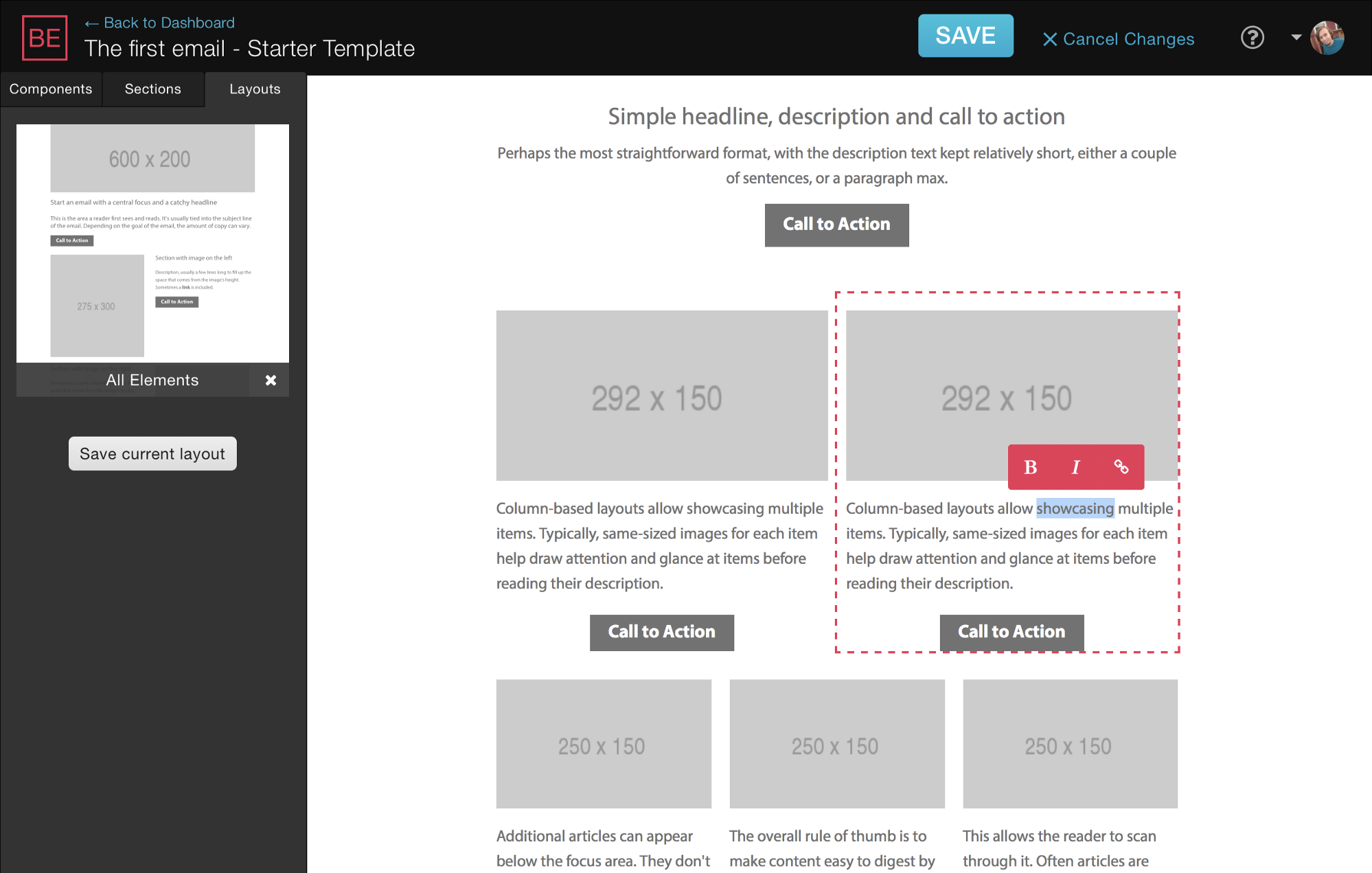 A screenshot of the Blocks Edit visual editor with a region of content selected that includes selected text and options for it.