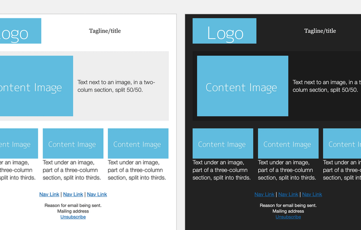 An email template shown, and its dark mode version.