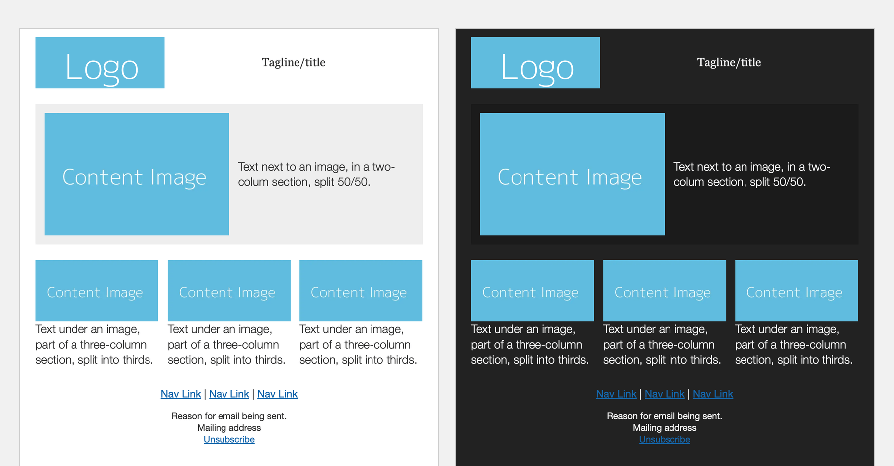 An email template shown, and its dark mode version.