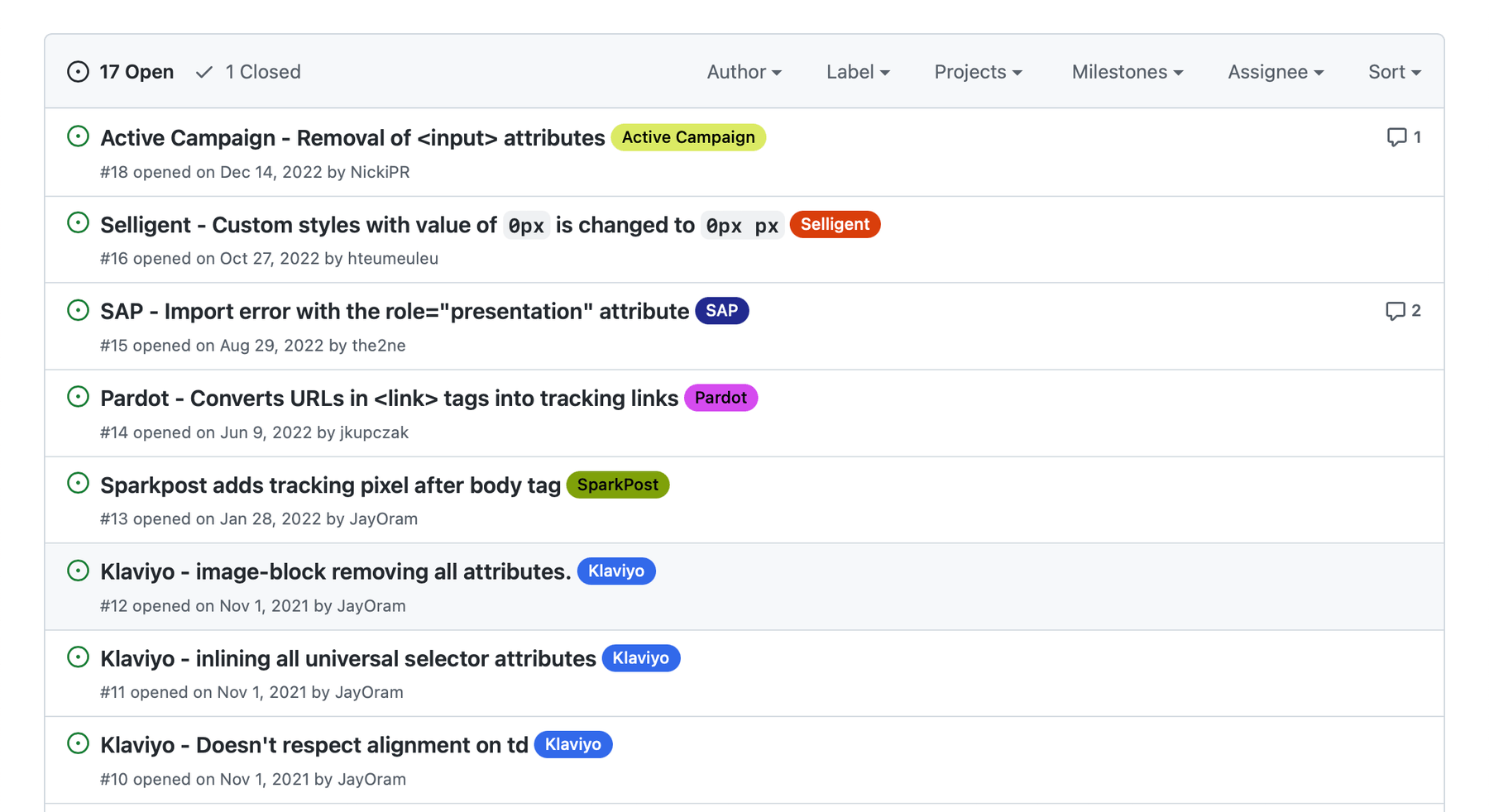 Listing of reported email code issues from various email providers.