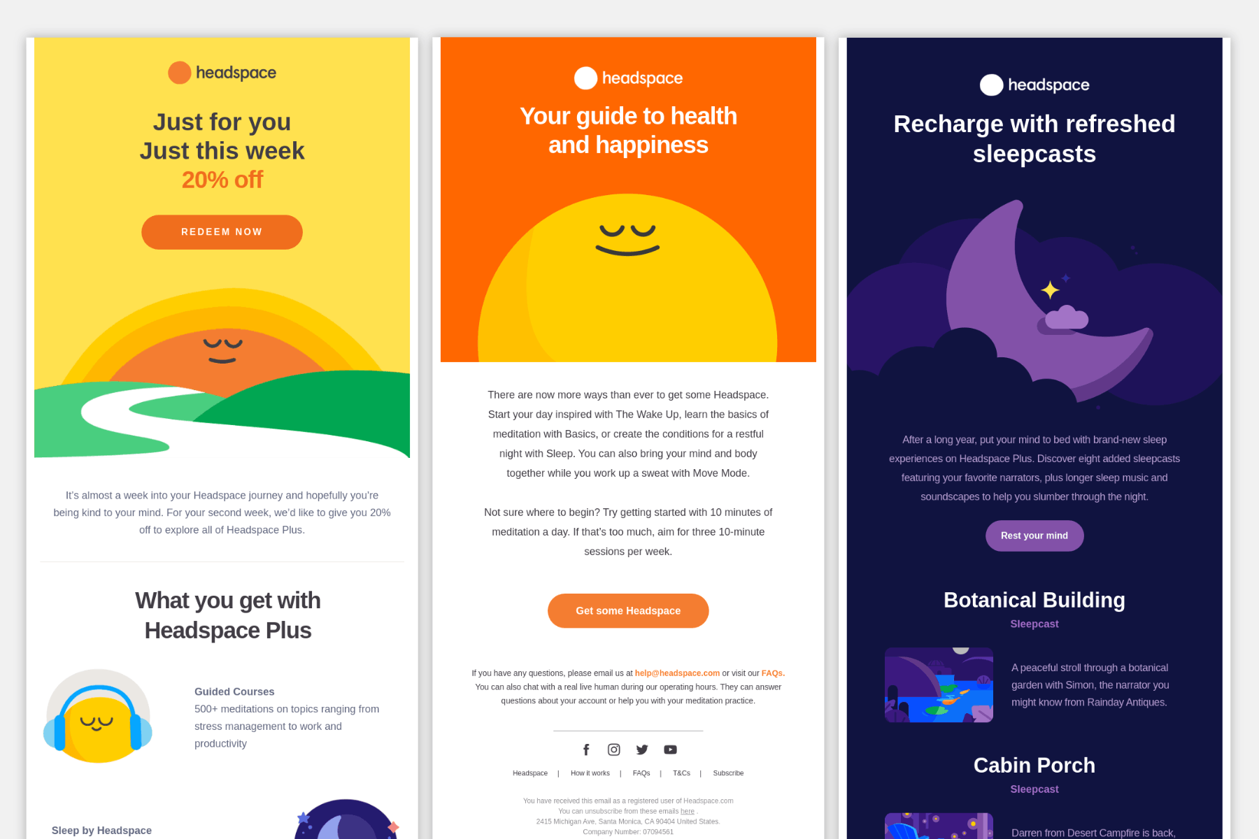Three email examples from Headspace, each having different illustrations and colors that match them.