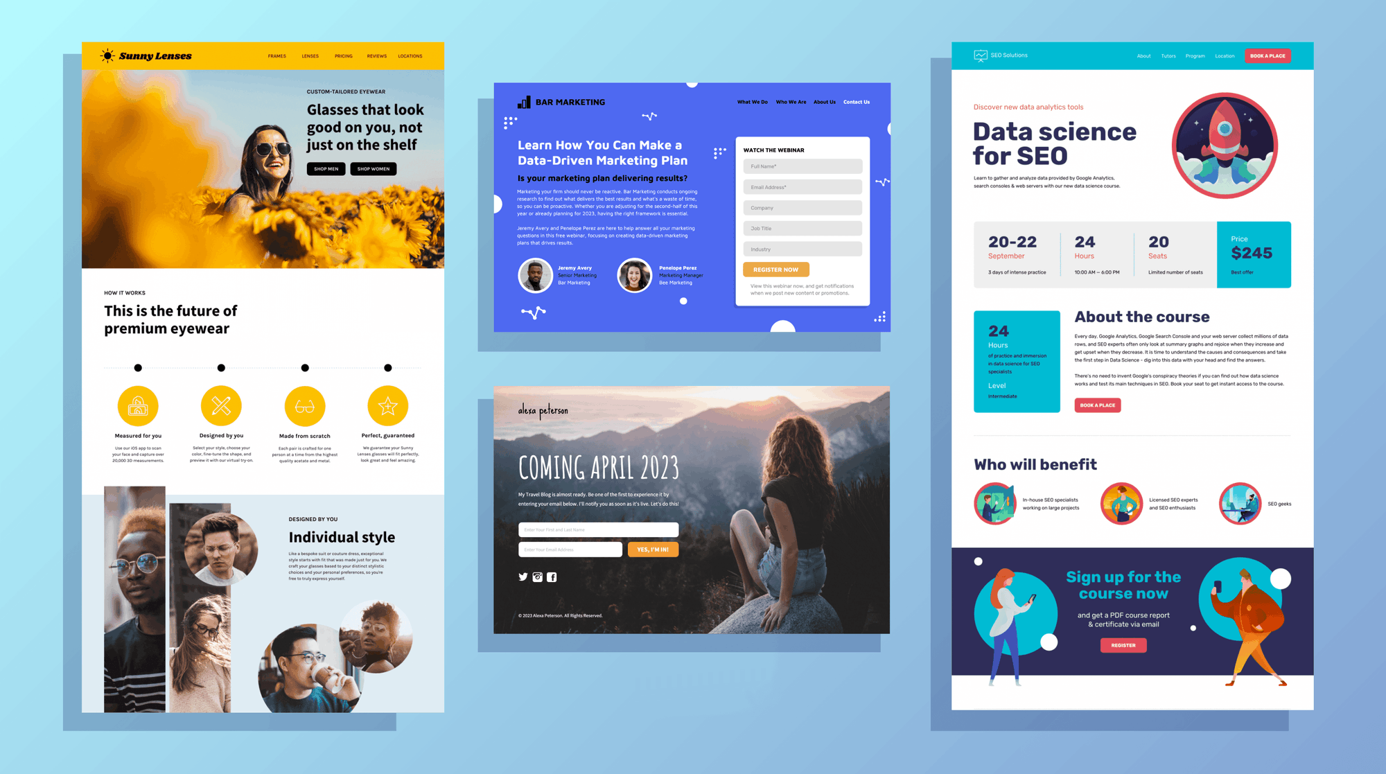 Examples of different landing page designs.