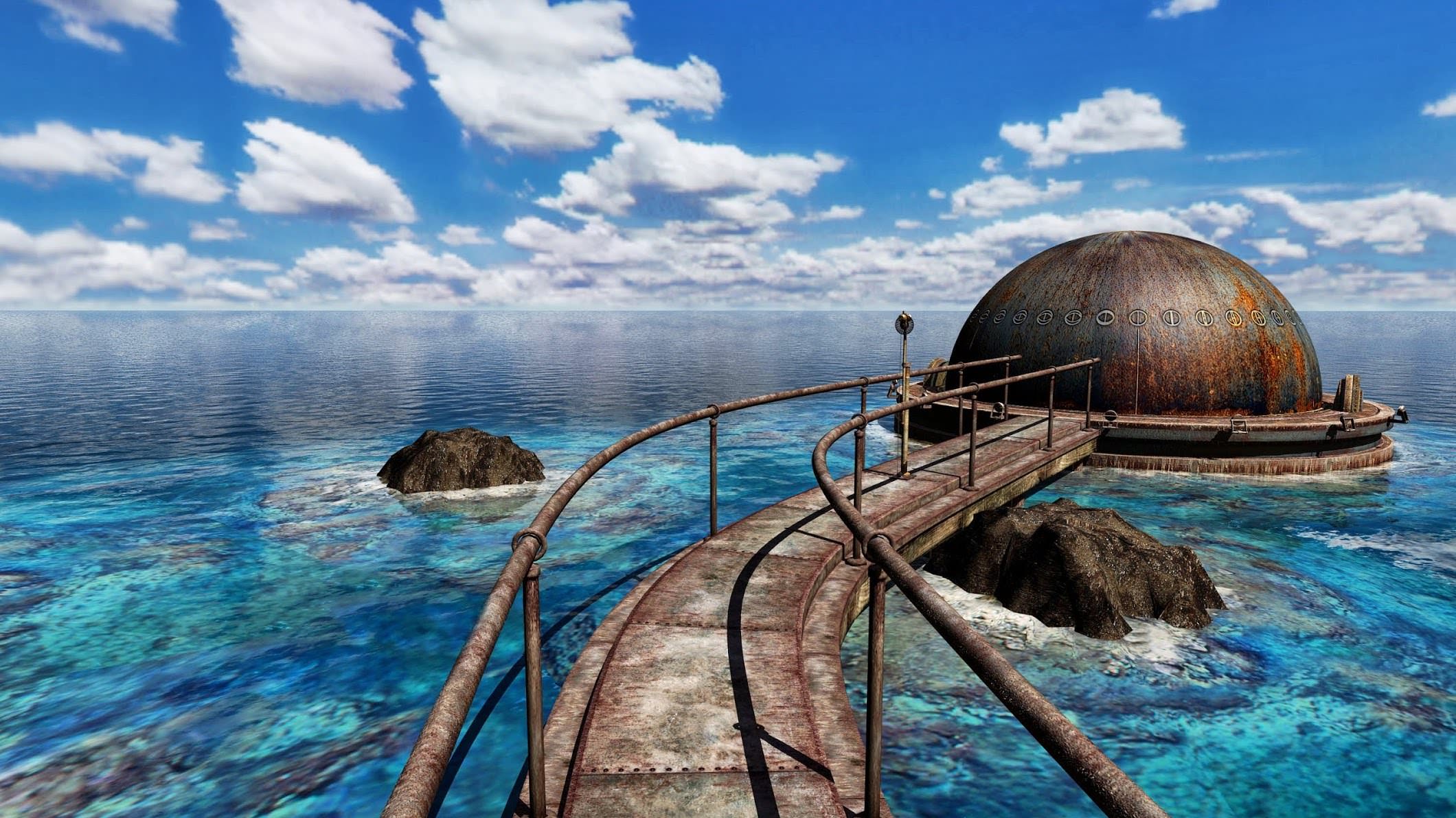 A 3D illustration from the video game Riven, showing a pathway above water and rocks, leading to a large dome structure.