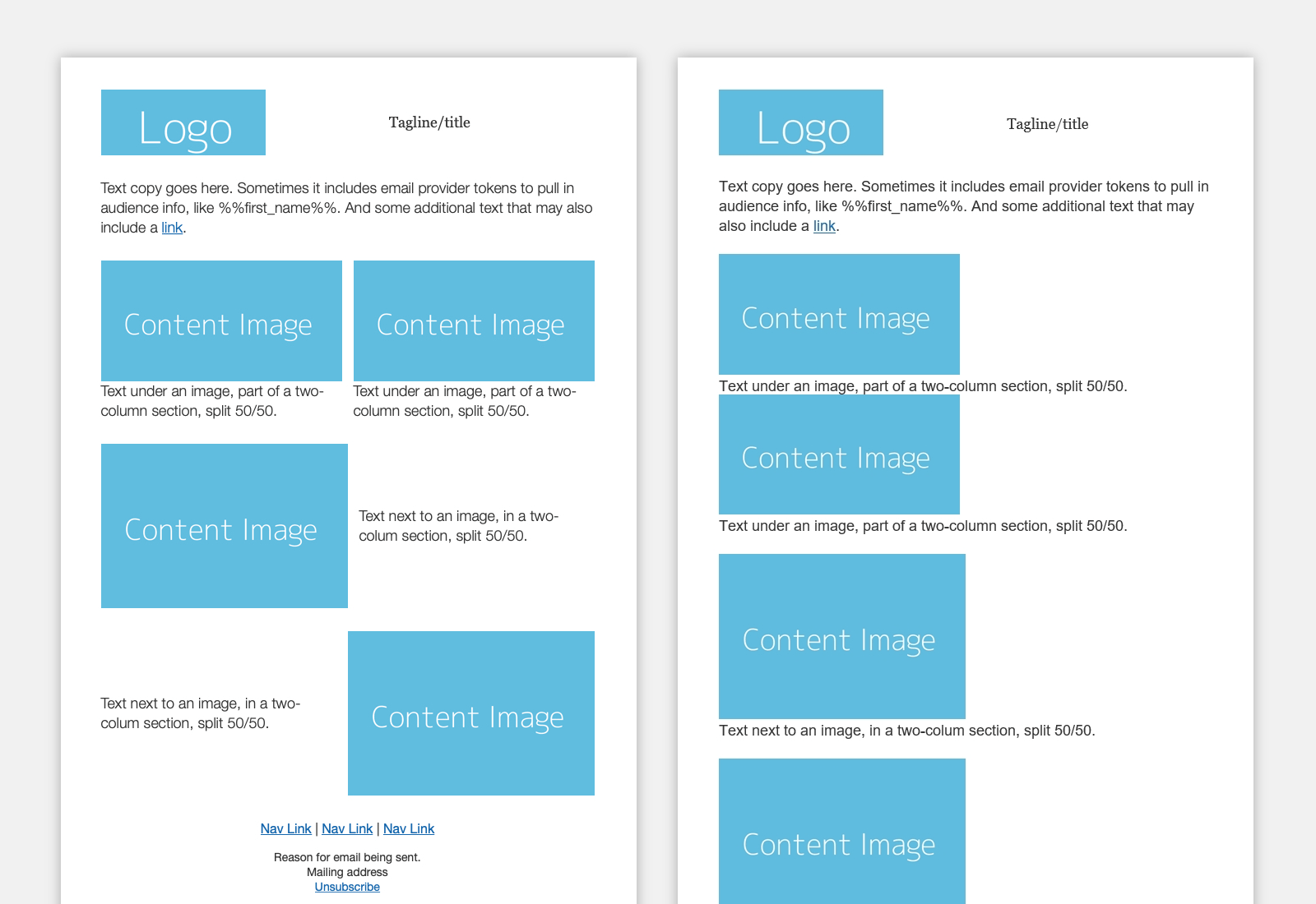 An example email layout and what it looks like with columns getting wrapped to a single column.