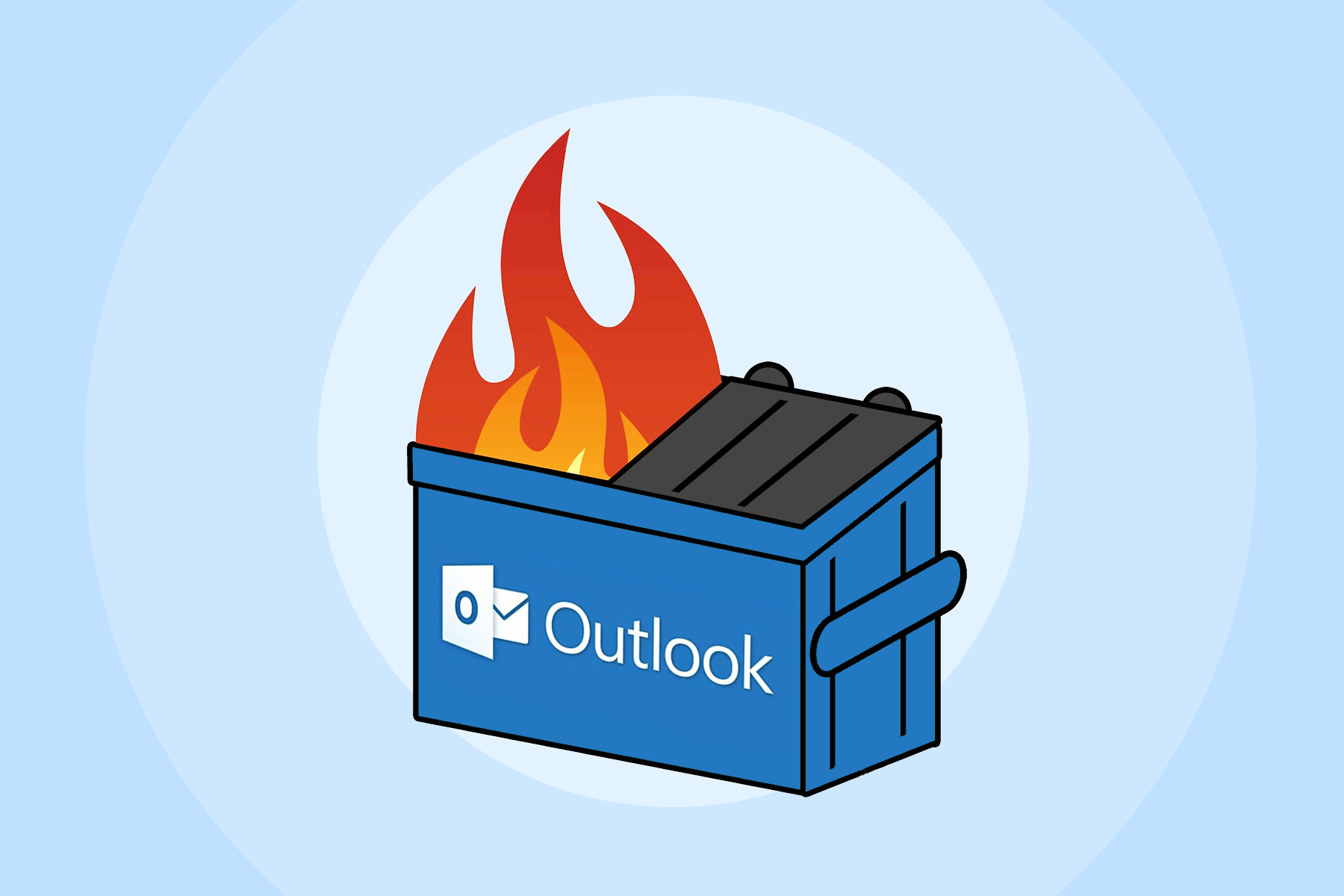 A dumpster fire illustration with the Outlook logo on the side of the dumpster.