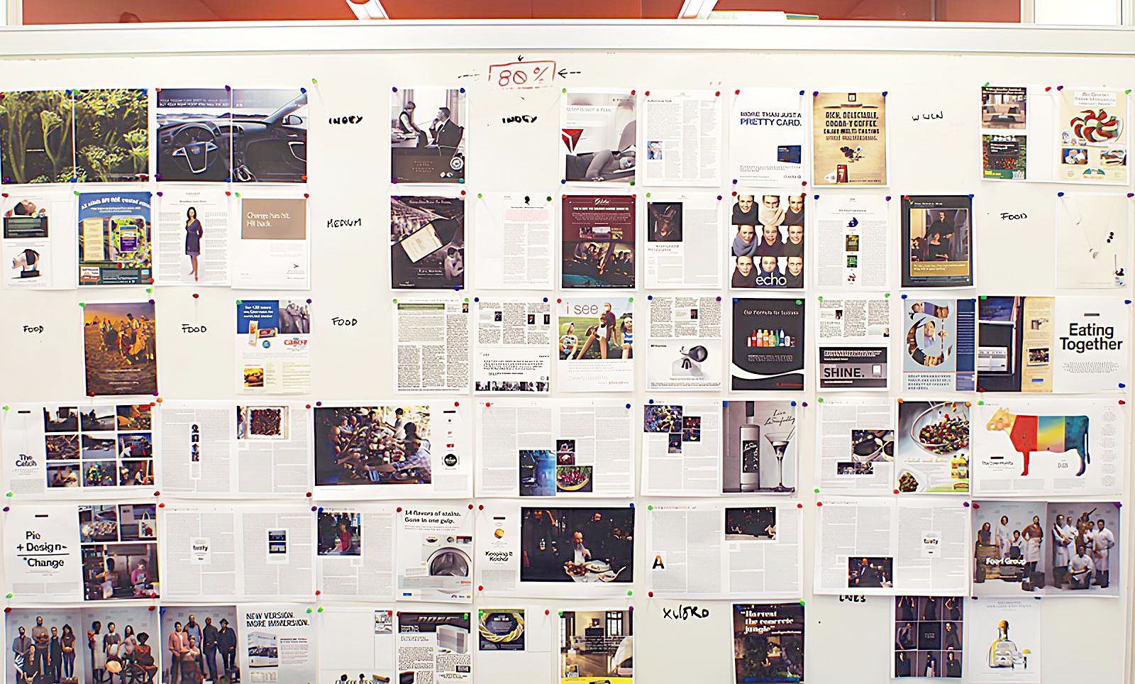 A photo of a board of pinned pieces of content for a magazine.