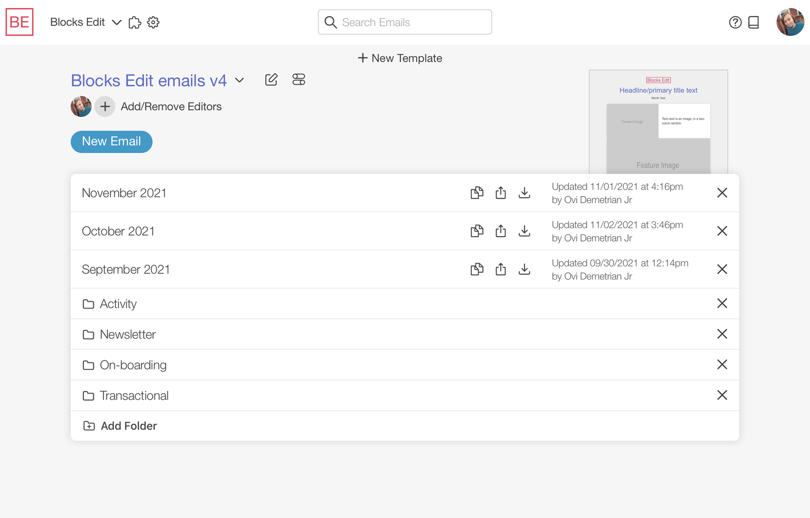 Screenshot of the redesigned Blocks Edit dashboard showing the template view with emails and folders.