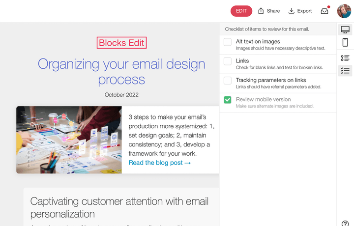Blocks Edit update: email checklist