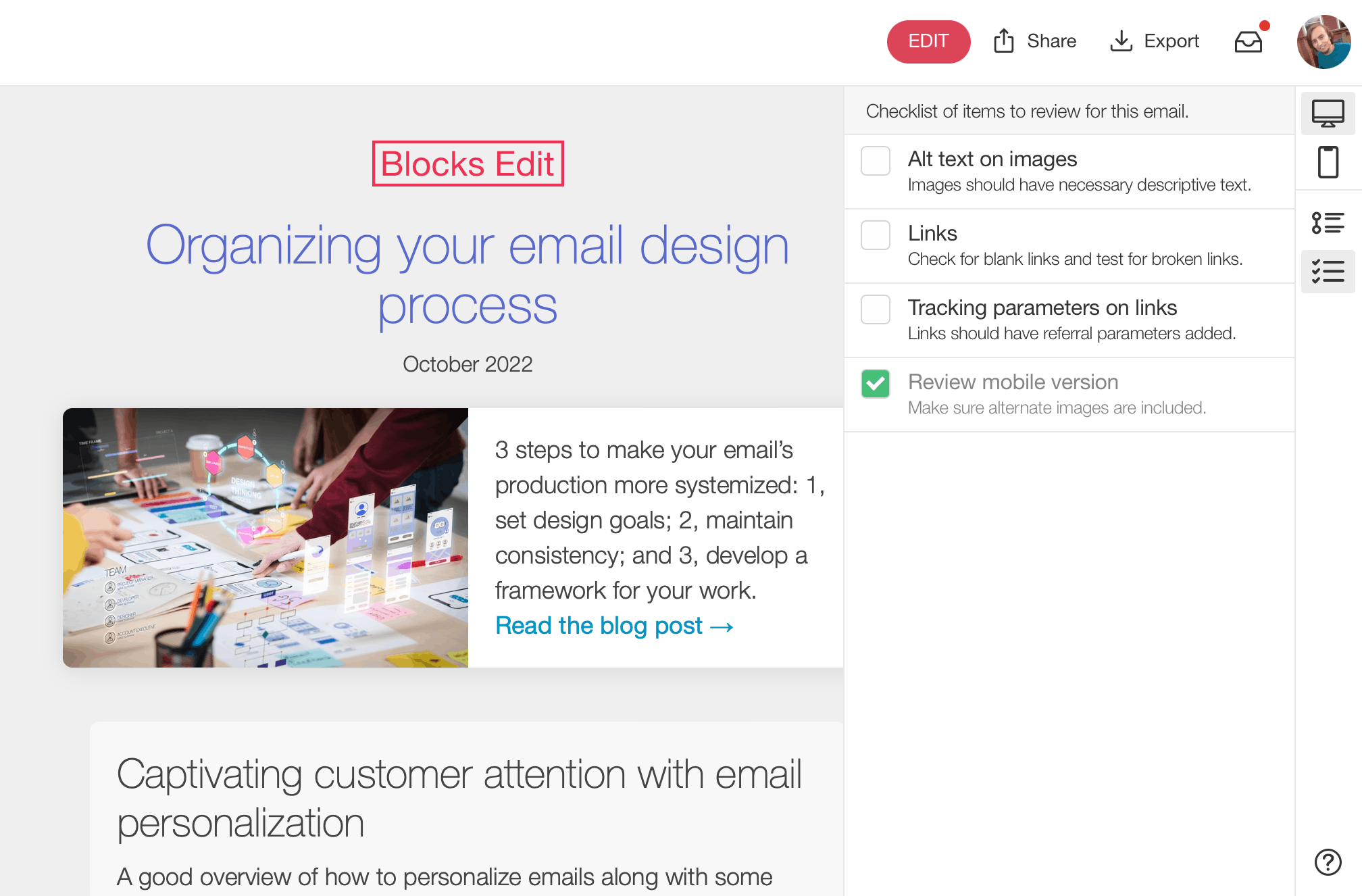 Screenshot of the Blocks Edit visual editor with a sidebar of checklist items.