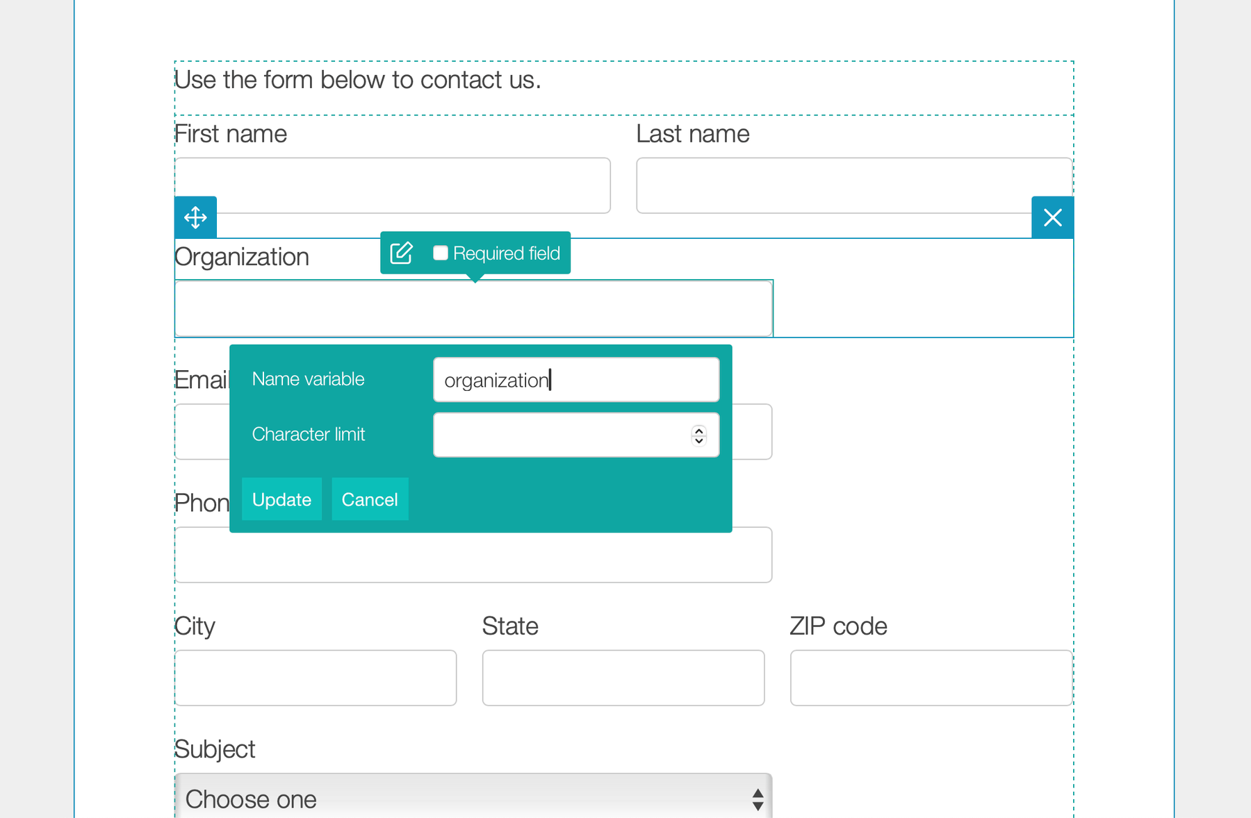 An example of a website contact form being edited in the visual editor.