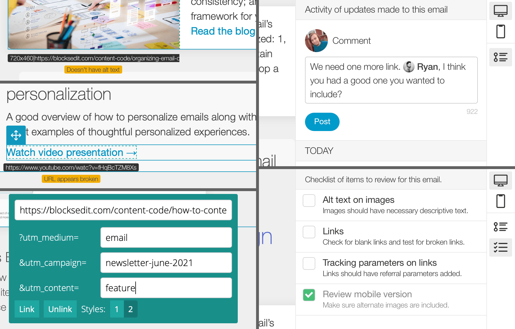 Five screenshots from the Blocks Edit visual editor: left top, an example of a notice for an image that doesn't have an alt tag; left middle, a notice for a URL that was evaluated as being broken; left bottom, a modal with tracking parameters for a link; right top, a comment being posted, right bottom, a checklist of reminders.