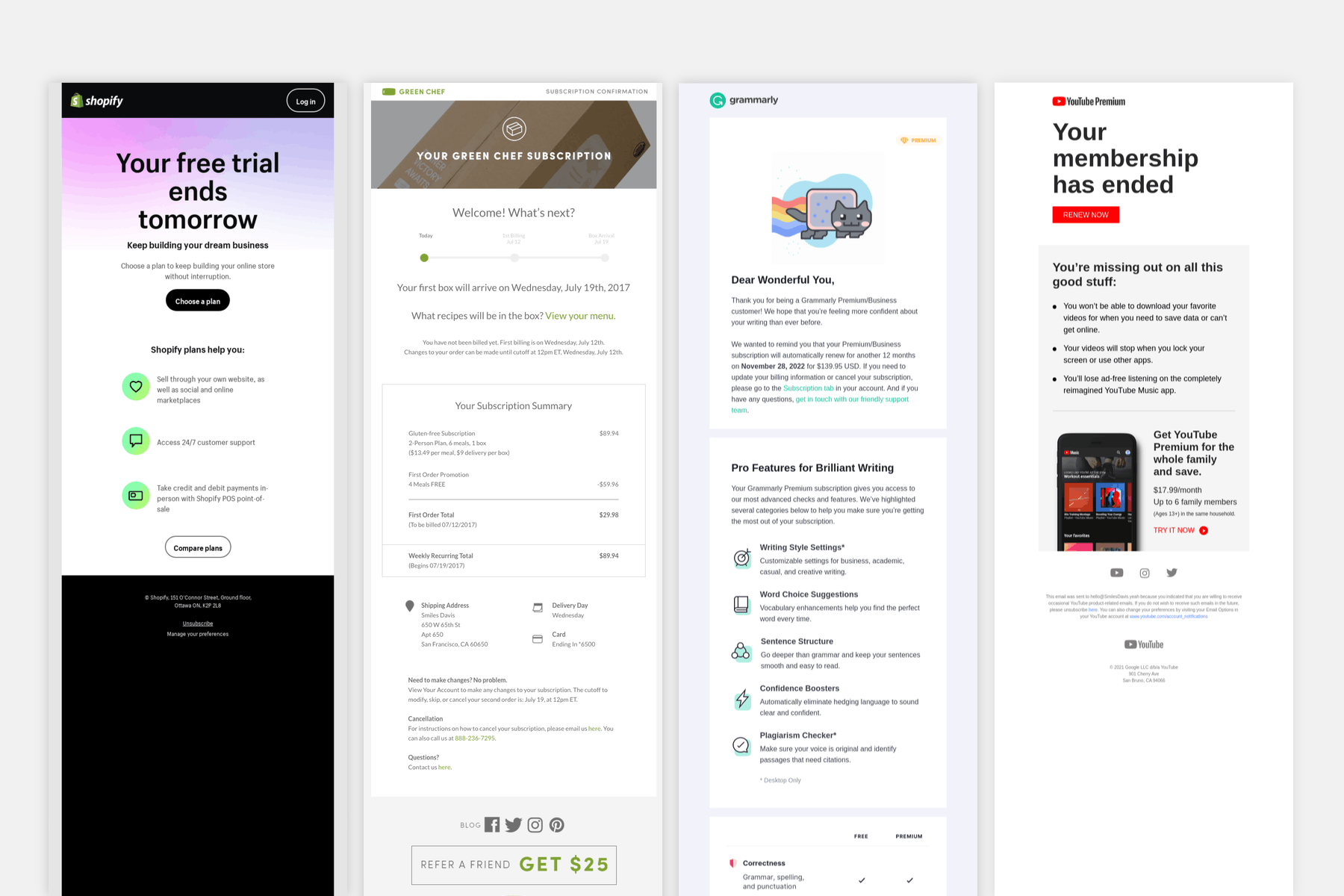 Different examples of subscription and payment emails.