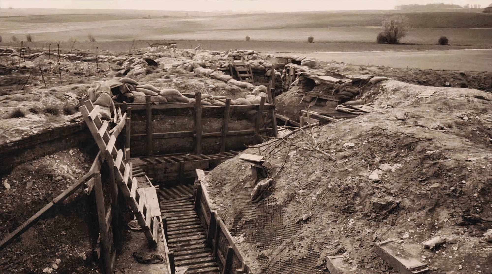 A black and white photo of empty war trenches.
