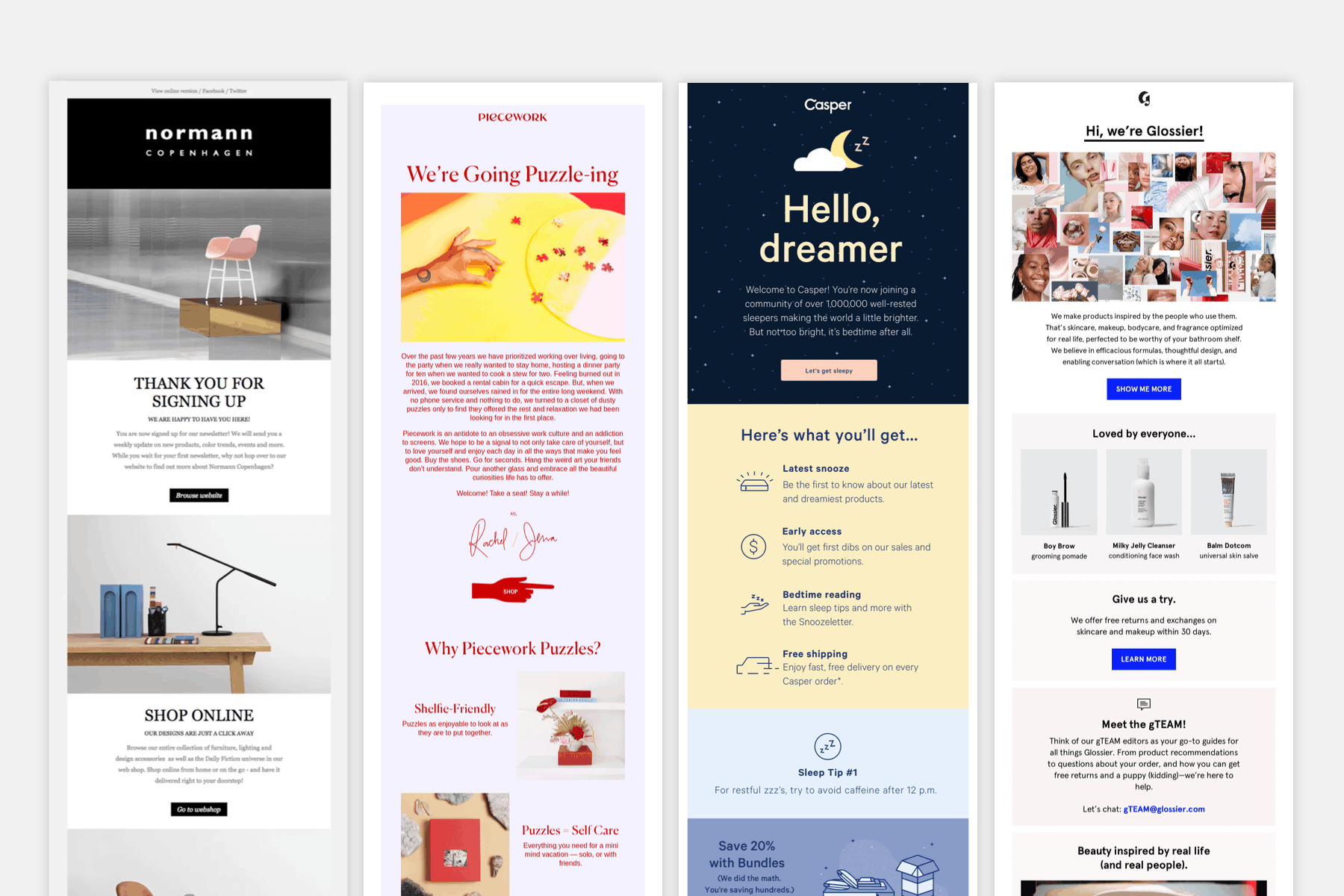 Different examples of welcome/onboarding emails.