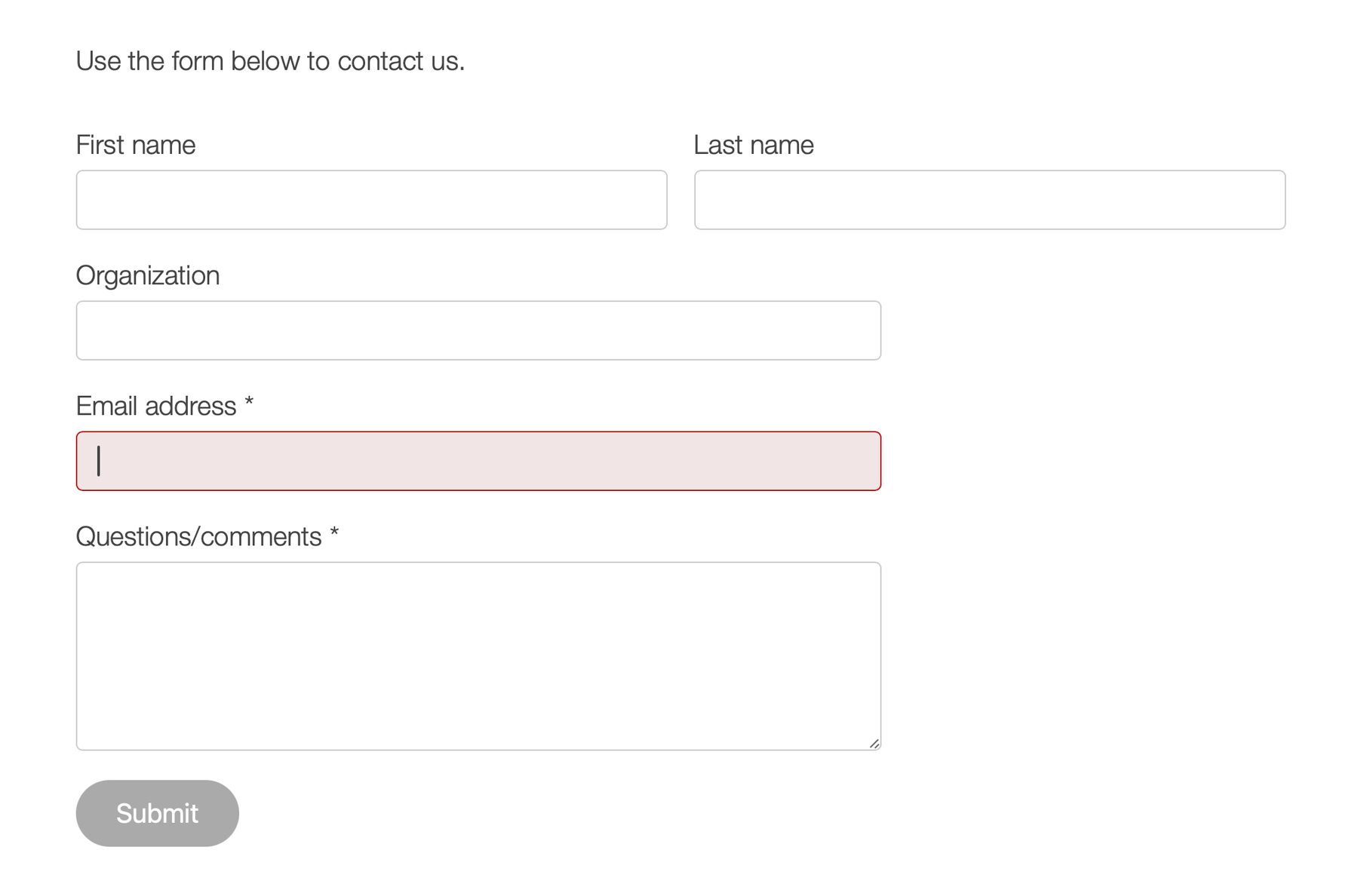 An example of a contact form using modern validation styling.